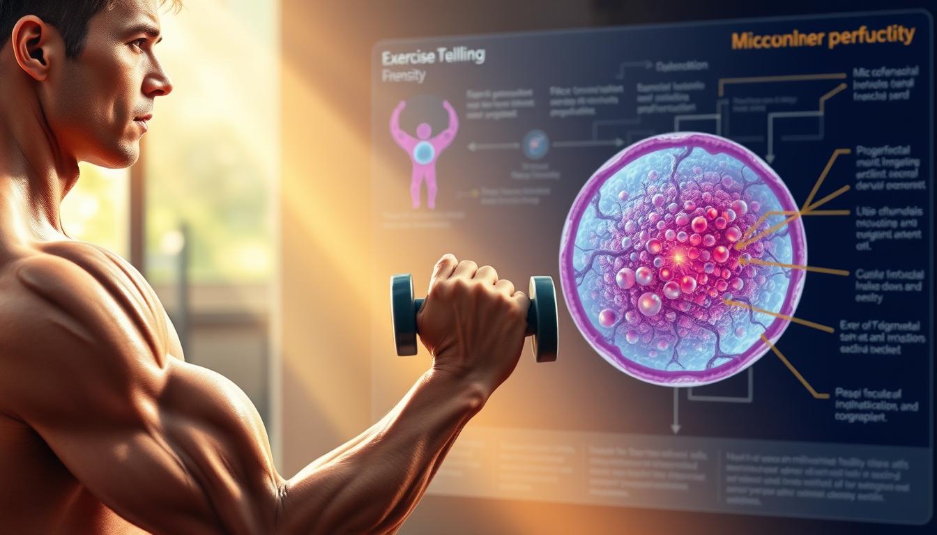 A vibrant, detailed illustration showcasing the relationship between exercise and mitochondrial density. In the foreground, a fit individual performing a dynamic weightlifting exercise, their muscles defined and energized. In the middle ground, a cross-section of a muscle cell, revealing the dense network of mitochondria, the powerhouses fueling the workout. The background depicts a scientific diagram, illustrating the mechanisms by which exercise boosts mitochondrial biogenesis and function, essential for effective weight management. The scene is illuminated by a warm, natural light, conveying a sense of health, vitality, and the transformative potential of exercise on the body's cellular energy production.