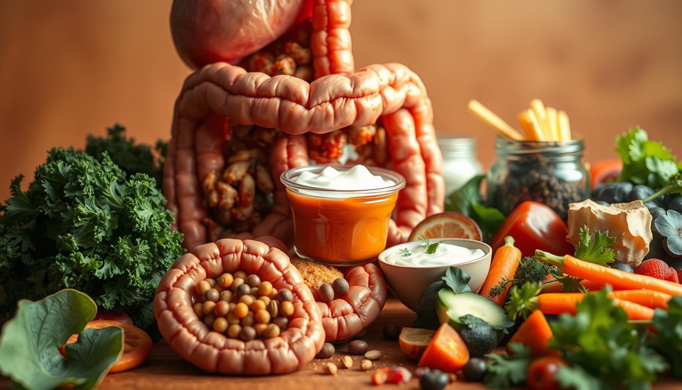 A vibrant, detailed scene depicting "gut health optimization" for weight loss. In the foreground, a close-up of a healthy human gut, with its diverse microbial inhabitants bustling with activity. The middle ground showcases a variety of nutritious, probiotic-rich foods such as yogurt, kimchi, and fermented vegetables, arranged in an appetizing manner. The background is a warm, earthy tone, creating a sense of balance and wellness. The lighting is soft and diffused, highlighting the natural textures and colors. The overall atmosphere is one of harmony and vitality, conveying the importance of a thriving gut microbiome for optimal weight management.