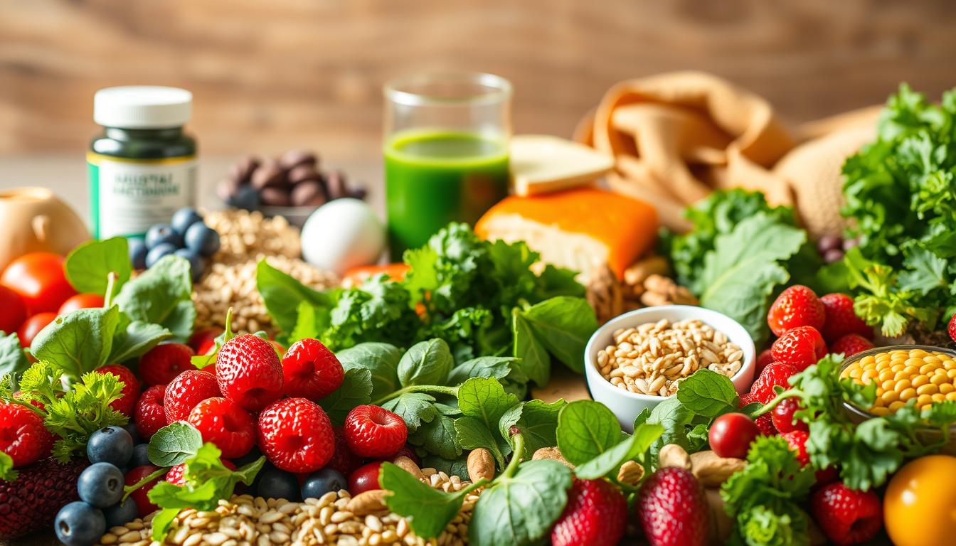 A vibrant, detailed still life showcasing a variety of nutrient-rich foods for optimal mitochondrial health. In the foreground, an assortment of leafy greens, brightly colored berries, and high-fiber whole grains. In the middle ground, lean protein sources like salmon, free-range eggs, and nuts/seeds. The background features a glass of fresh, antioxidant-rich green juice and a supplement bottle containing essential mitochondrial cofactors. Warm, natural lighting illuminates the scene, highlighting the vivid colors and textures of the ingredients. The composition emphasizes the synergistic relationship between wholesome nutrition and robust mitochondrial function.