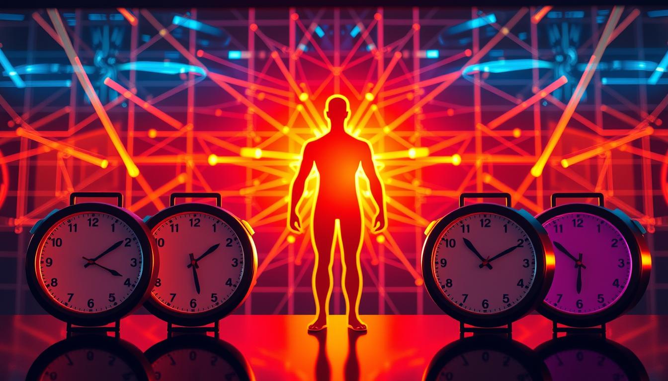 A vibrant digital visualization of strategic meal timing protocols. In the foreground, a series of digital clocks displaying different mealtimes, arranged in a symmetrical pattern. The clocks are rendered in a sleek, minimalist style with bold, contrasting colors. In the middle ground, a stylized representation of a human silhouette, its body segmented into distinct meal timings. The background features a dynamic grid of intersecting lines and shapes, hinting at the underlying metabolic processes at play. Warm, saturated lighting casts an energetic glow over the entire scene, conveying a sense of optimized, efficient fat-burning strategies.