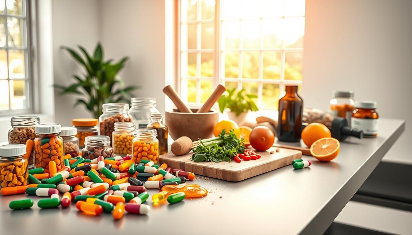 A vibrant display of immune-boosting supplements arranged on a sleek, modern desk. In the foreground, a variety of colorful capsules, tablets, and powders in glass jars and bottles are neatly positioned. The middle ground features a mortar and pestle, along with a cutting board showcasing fresh herbs and citrus fruits. The background is a minimalist, light-filled space with warm, natural lighting cascading through large windows, creating a sense of wellness and vitality. A vibrant display of immune-boosting supplements arranged on a sleek, modern desk. In the foreground, a variety of colorful capsules, tablets, and powders in glass jars and bottles are neatly positioned. The middle ground features a mortar and pestle, along with a cutting board showcasing fresh herbs and citrus fruits. The background is a minimalist, light-filled space with warm, natural lighting cascading through large windows, creating a sense of wellness and vitality.