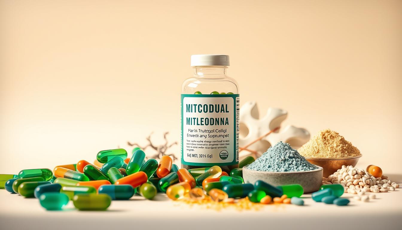 A vibrant display of mitochondrial supplements against a clean, minimalist background. In the foreground, an assortment of softgels, capsules, and powders in various shades of green and blue, suggesting the diverse range of nutrients for cellular energy support. The middle ground features a sleek, modern glass bottle with a label highlighting the key ingredients, while the background showcases a subtle, gradient-based texture that provides a sense of depth and sophistication. Warm, natural lighting casts a gentle glow across the scene, accentuating the high-quality, premium nature of the supplements. The overall composition conveys a sense of purity, efficacy, and scientific innovation, aligning with the article's focus on natural weight loss through mitochondrial support. A vibrant display of mitochondrial supplements against a clean, minimalist background. In the foreground, an assortment of softgels, capsules, and powders in various shades of green and blue, suggesting the diverse range of nutrients for cellular energy support. The middle ground features a sleek, modern glass bottle with a label highlighting the key ingredients, while the background showcases a subtle, gradient-based texture that provides a sense of depth and sophistication. Warm, natural lighting casts a gentle glow across the scene, accentuating the high-quality, premium nature of the supplements. The overall composition conveys a sense of purity, efficacy, and scientific innovation, aligning with the article's focus on natural weight loss through mitochondrial support.