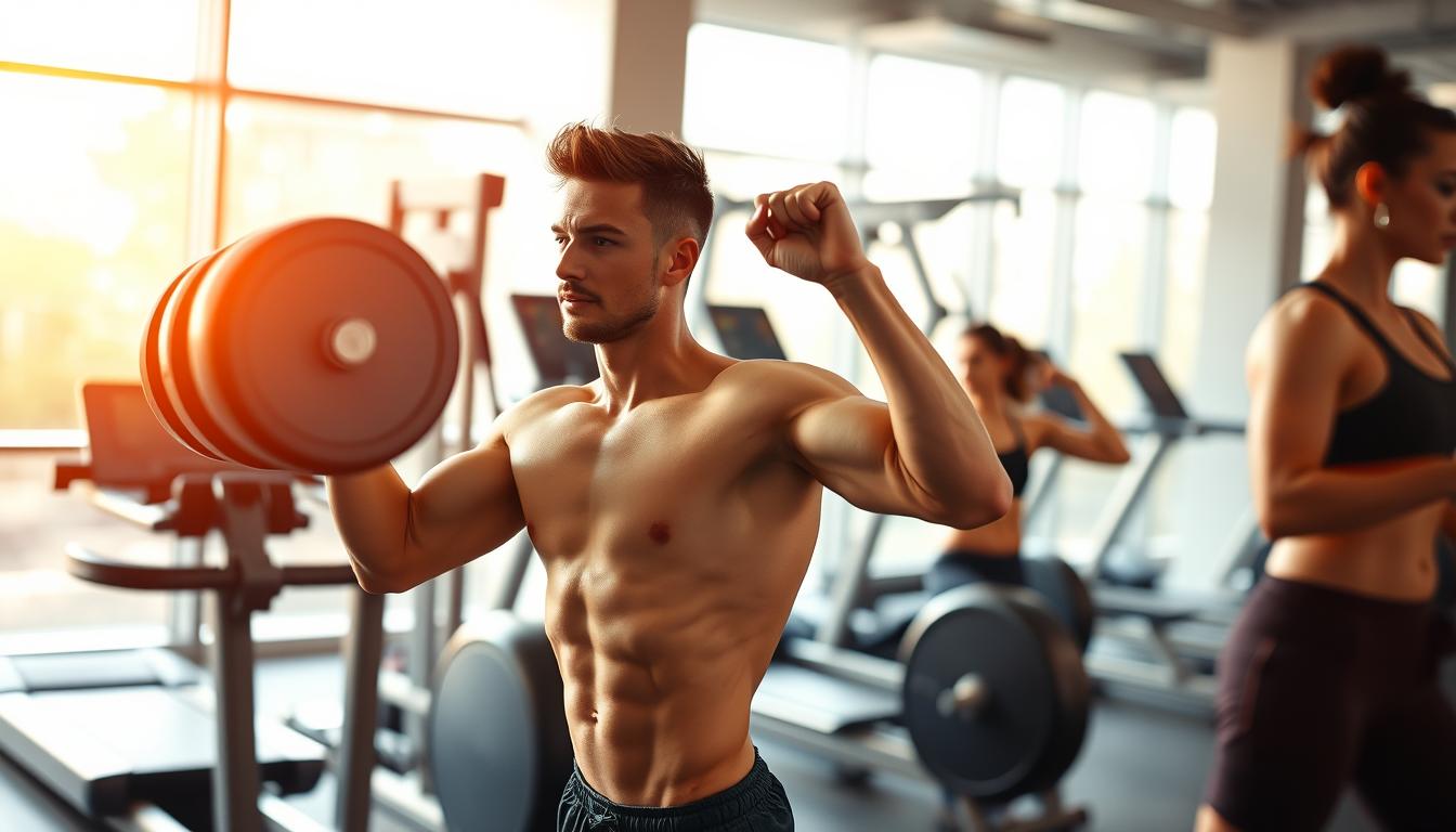A vibrant, dynamic scene of a person engaged in a vigorous exercise routine. In the foreground, a fit individual performing a high-intensity workout, their muscles rippling with energy as they lift weights or perform a resistance training exercise. The middle ground features a modern, well-equipped gym setting, with sleek, state-of-the-art equipment and a clean, minimalist aesthetic. The background bathes the scene in warm, natural lighting, creating a sense of vitality and health. The overall atmosphere conveys the exhilaration and sense of accomplishment that comes with physical activity and a commitment to wellness. A vibrant, dynamic scene of a person engaged in a vigorous exercise routine. In the foreground, a fit individual performing a high-intensity workout, their muscles rippling with energy as they lift weights or perform a resistance training exercise. The middle ground features a modern, well-equipped gym setting, with sleek, state-of-the-art equipment and a clean, minimalist aesthetic. The background bathes the scene in warm, natural lighting, creating a sense of vitality and health. The overall atmosphere conveys the exhilaration and sense of accomplishment that comes with physical activity and a commitment to wellness.