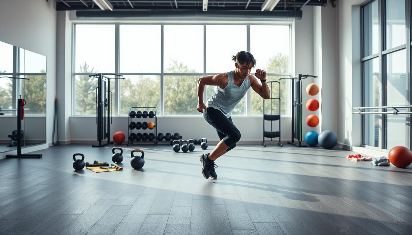 A vibrant, energetic fitness studio with a sleek, minimalist design. In the foreground, a person performing high-intensity exercises like burpees, jumping jacks, or squat jumps, their movements captured in a dynamic, frozen-in-time pose. The middle ground features a variety of exercise equipment, including kettlebells, resistance bands, and a medicine ball, neatly arranged and ready for use. The background showcases large windows letting in natural light, creating a bright and airy atmosphere. The overall scene conveys a sense of efficiency, productivity, and the power of short, intense workouts to achieve fitness goals.