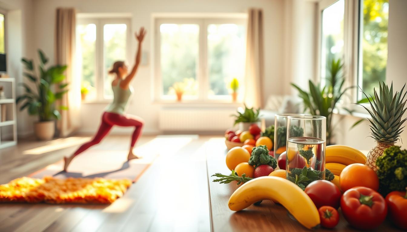 A vibrant, energetic scene depicting a healthy lifestyle plan. In the foreground, a person stretches and performs yoga poses on a plush, colorful exercise mat. In the middle ground, a table holds a variety of fresh fruits, vegetables, and a glass of water, conveying a balanced, nutritious diet. The background features an airy, sun-drenched room with large windows, allowing natural light to fill the space and create a warm, uplifting atmosphere. The overall composition exudes a sense of wellness, vitality, and a positive approach to self-care, perfectly encapsulating the "Finding the Right Approach" section of the article. A vibrant, energetic scene depicting a healthy lifestyle plan. In the foreground, a person stretches and performs yoga poses on a plush, colorful exercise mat. In the middle ground, a table holds a variety of fresh fruits, vegetables, and a glass of water, conveying a balanced, nutritious diet. The background features an airy, sun-drenched room with large windows, allowing natural light to fill the space and create a warm, uplifting atmosphere. The overall composition exudes a sense of wellness, vitality, and a positive approach to self-care, perfectly encapsulating the "Finding the Right Approach" section of the article.