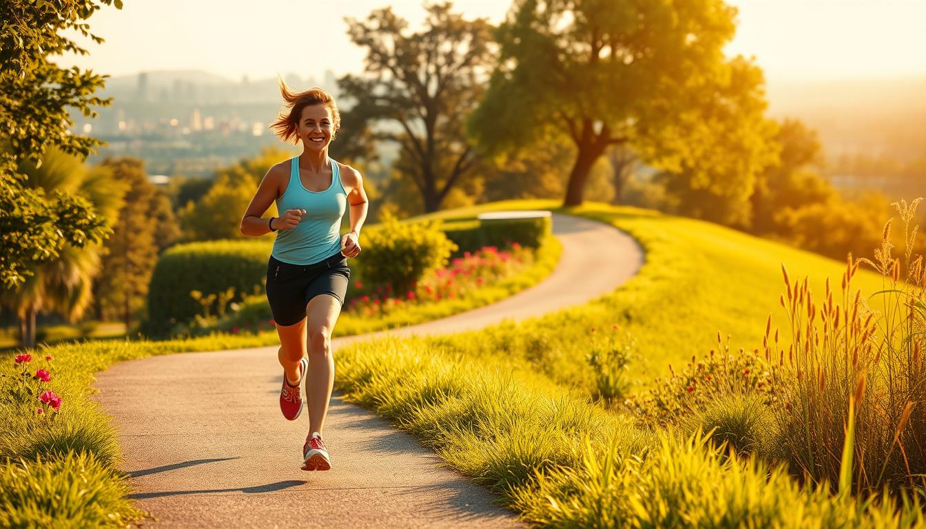 A vibrant, energetic scene of a person walking briskly down a picturesque path, surrounded by lush greenery and warm sunlight. The foreground features a fit individual in athletic wear, their stride purposeful and their expression determined, embodying the power of walking for fat loss. The middle ground showcases a winding trail cutting through a serene park, dotted with vibrant flowers and trees. In the background, a cityscape gently fades into the distance, hinting at the urban environment beyond the tranquil setting. The lighting is natural and warm, casting a golden glow over the entire scene, creating a sense of positivity and motivation.