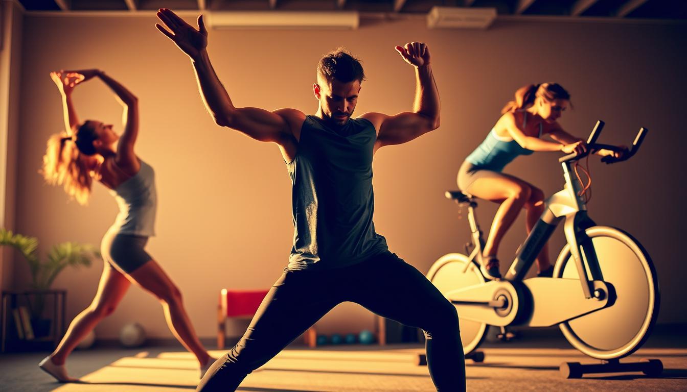 A vibrant, energetic scene of various exercise strategies to rev up the metabolism. In the foreground, a person performing dynamic stretches, their limbs flowing with grace. In the middle ground, a person lifting weights, their muscles engaged as they push through the resistance. In the background, a person cycling on a stationary bike, their legs pumping with intensity. The lighting is warm and natural, casting a golden glow over the scene. The atmosphere is one of focused determination and the pursuit of physical wellness. The overall composition conveys the diverse range of exercise strategies that can be employed to boost the metabolism.