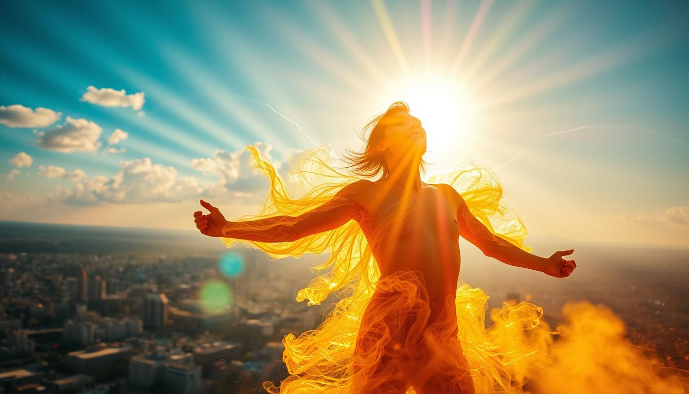 A vibrant, energetic scene showcasing the power of boosted energy levels. In the foreground, a figure bursting with vitality, their body radiating a warm, golden glow. Surrounding them, swirling currents of dynamic energy, pulsing with an electric charge. In the middle ground, a cityscape bathed in a vibrant, sunlit haze, buildings and structures appearing to thrum with an invigorating force. In the background, a sky ablaze with a spectrum of colors, rays of light piercing through and casting a rejuvenating aura over the entire scene. The composition evokes a sense of boundless potential and the transformative impact of elevated energy levels in one's daily life.