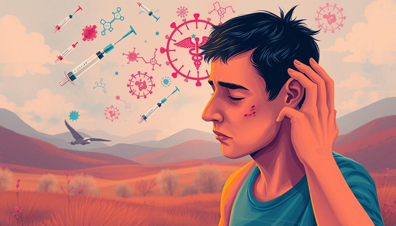 A vibrant, epic-colored illustration of vaccine side effects. In the foreground, a person experiences physical symptoms like a rash, swelling, and fatigue. In the middle ground, various vaccine-related icons and symbols swirl around, including syringes, molecular diagrams, and caduceus symbols. The background depicts a hazy, dreamlike landscape with subtle distortions, suggesting the unseen, complex nature of the body's reaction to vaccines. The overall mood is one of unease and uncertainty, capturing the nuance of evaluating vaccine side effects. A vibrant, epic-colored illustration of vaccine side effects. In the foreground, a person experiences physical symptoms like a rash, swelling, and fatigue. In the middle ground, various vaccine-related icons and symbols swirl around, including syringes, molecular diagrams, and caduceus symbols. The background depicts a hazy, dreamlike landscape with subtle distortions, suggesting the unseen, complex nature of the body's reaction to vaccines. The overall mood is one of unease and uncertainty, capturing the nuance of evaluating vaccine side effects.