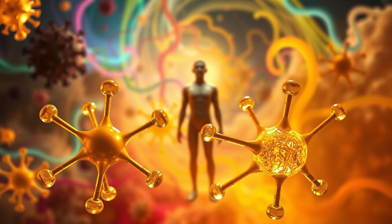 A vibrant, epic-colored scene depicting the crucial role of glutathione in vaccine detoxification. In the foreground, a molecular model of glutathione shines with a golden glow, its sulfur-containing rings representing its potent antioxidant properties. In the middle ground, a human figure, rendered in soft, naturalistic tones, stands with a serene expression, symbolizing the body's innate ability to detoxify and heal. The background is a swirling maelstrom of colorful energy, representing the complex interplay of the immune system, toxins, and the detoxifying power of glutathione. Dramatic lighting casts dramatic shadows, lending the scene a sense of depth and dynamism. The overall composition conveys the vital importance of this essential molecule in maintaining health and well-being.