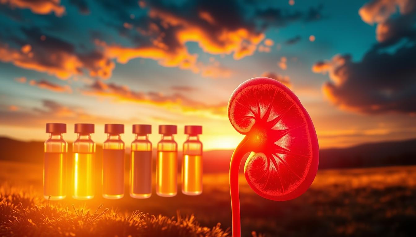 A vibrant, epic-colored scene depicting the effects of vaccines on kidney health. In the foreground, a detailed illustration of a healthy human kidney, glowing with a warm, radiant hue. In the middle ground, a series of vaccine vials, their contents swirling with an iridescent energy. The background is a sweeping landscape, bathed in a dramatic, cinematic lighting - hues of gold, crimson, and azure dance across the scene, conveying a sense of balance and harmony between the medical elements and the natural world. The overall atmosphere is one of wonder and contemplation, inviting the viewer to consider the complex relationship between vaccination and kidney wellness.