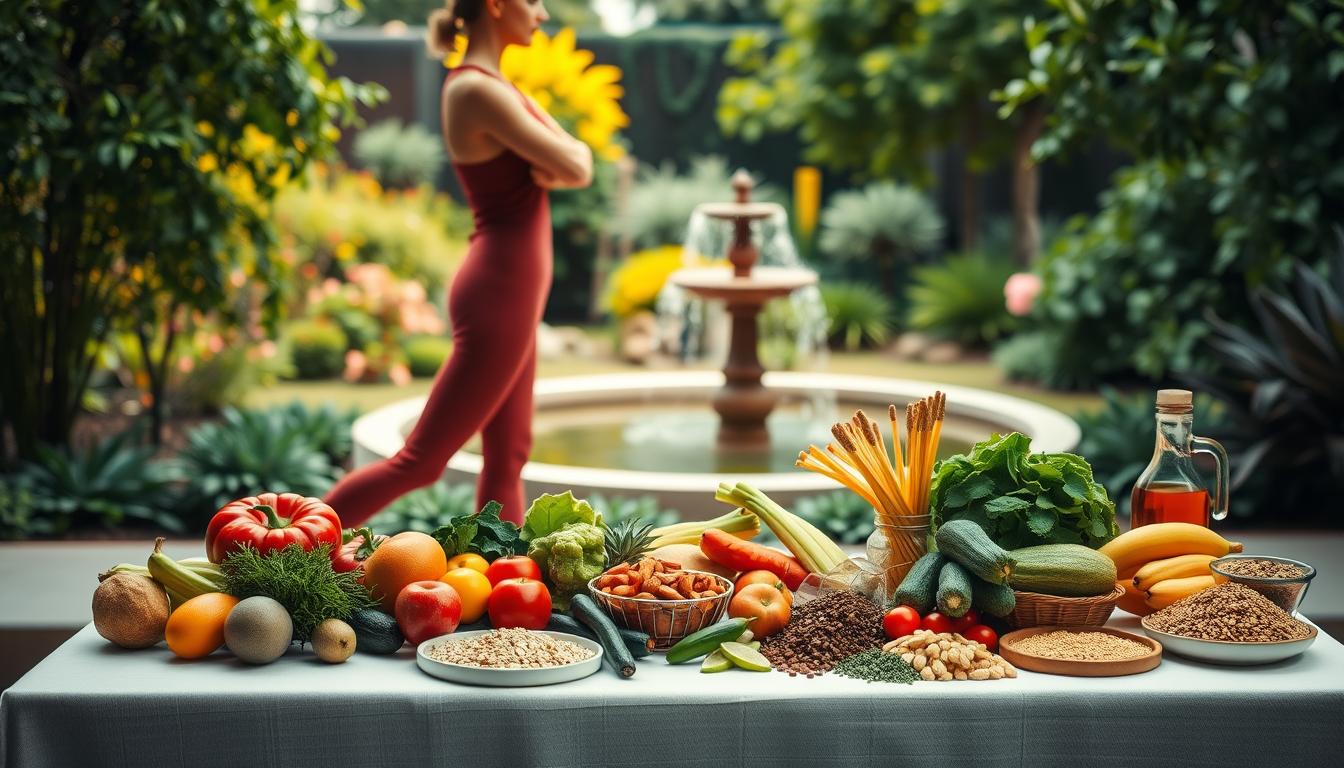 A vibrant, epic scene depicting lifestyle modifications to enhance organ health. In the foreground, a person engages in a yoga pose, their body in graceful motion against a serene backdrop. The middle ground showcases a table laden with healthy, organic produce - fruits, vegetables, and whole grains. In the background, a peaceful garden with lush greenery and a trickling fountain, creating a calming atmosphere. Warm, natural lighting illuminates the scene, evoking a sense of vitality and balance. The overall composition conveys a harmonious integration of physical, nutritional, and environmental elements crucial for supporting optimal organ function.