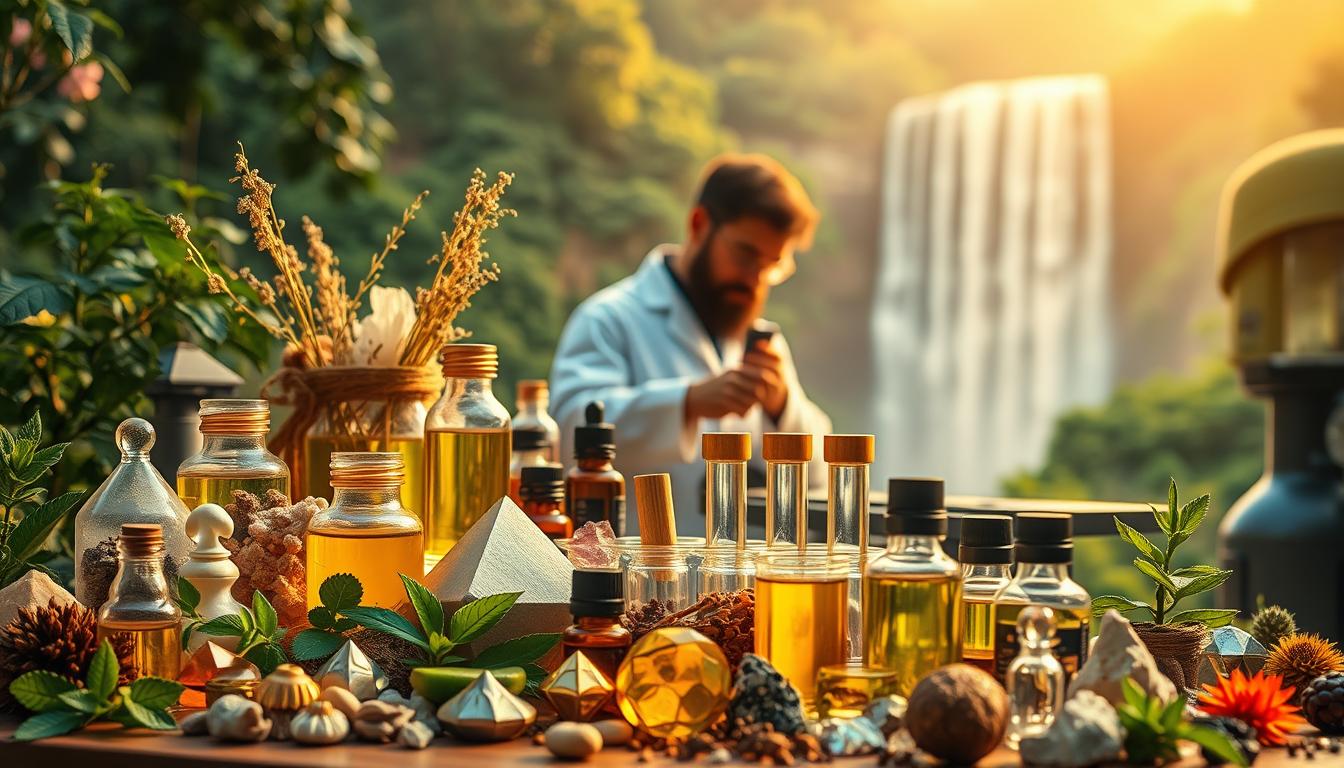 A vibrant, epic scene of natural and medical detox options. In the foreground, an array of herbal remedies, crystals, and essential oils arranged artfully. In the middle ground, a scientist examining test tubes filled with organic compounds against a backdrop of sleek medical equipment. The background showcases a lush, verdant landscape with a cascading waterfall, symbolizing the restorative power of nature. Warm, golden lighting bathes the entire scene, creating a sense of balance and harmony between the natural and scientific approaches to detoxification. Subtle hints of aluminum and mercury compounds amidst the display, hinting at the specific toxins being addressed.