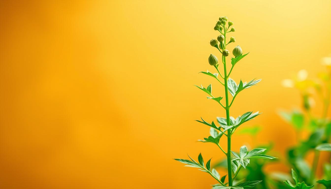 A vibrant fenugreek plant, its delicate green leaves and pods bursting with potential, stands proudly against a warm, golden backdrop. The foreground captures the essence of the herb, highlighting its medicinal properties with a sense of balance and harmony. In the middle ground, a serene, minimalist setting accentuates the plant's natural allure, inviting the viewer to appreciate its ability to control appetite and promote healthy digestion. The lighting, soft and diffused, casts a gentle glow, conveying a sense of tranquility and wellness. The overall composition evokes a feeling of wholesome, natural nourishment, perfectly suited to illustrate the section on fenugreek's appetite-controlling benefits.