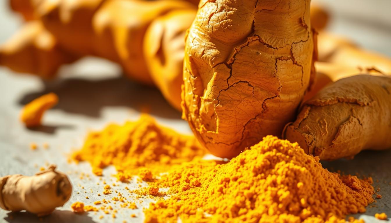 A vibrant, golden-hued turmeric root prominently featured in the foreground, its intricate patterns and textures capturing the eye. In the middle ground, a scattering of freshly ground turmeric powder, its warm, earthy tones complementing the root. The background is softly blurred, emphasizing the star of the composition - the powerful turmeric, a natural remedy for boosting metabolism. Bright, direct lighting illuminates the scene, casting subtle shadows and highlighting the spice's vibrant hues. The overall mood is one of natural vitality and health, inviting the viewer to explore the benefits of this remarkable herb.