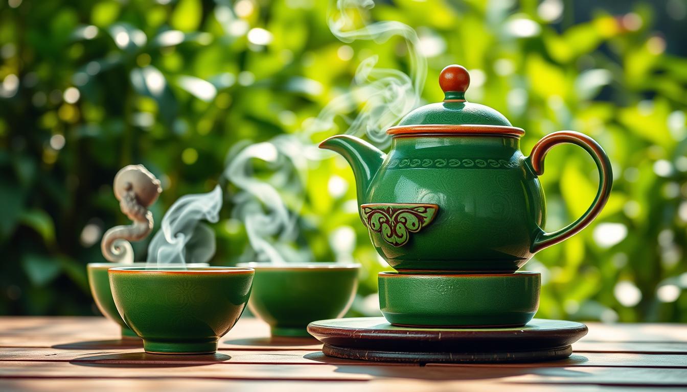 A vibrant green tea set, with an ornately decorated ceramic teapot and a stack of matching teacups, rests on a wooden table. The tea leaves gently swirl in the clear liquid, emitting a fragrant steam. In the background, lush greenery and natural light create a serene, calming atmosphere, evoking the essence of a tranquil tea ceremony. The composition is shot from a low angle, highlighting the delicate details and the rich, earthy tones of the tea set against the verdant backdrop, conveying the power and health benefits of this ancient beverage.