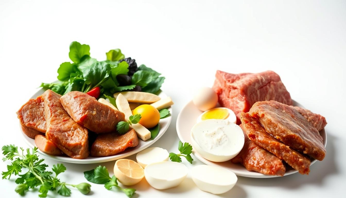A vibrant, high-contrast image depicting the key differences between the keto and carnivore diets. In the foreground, a plate of fatty meats, eggs, and dairy products representing the carnivore diet. In the middle ground, a plate of leafy greens, healthy fats, and low-carb vegetables representing the keto diet. The background features a minimalist, clean white backdrop that allows the colorful food items to stand out. Soft, directional lighting creates depth and highlights the textures of the various ingredients. The image conveys a sense of clarity and balance, inviting the viewer to explore the nuances between these two complementary dietary approaches.