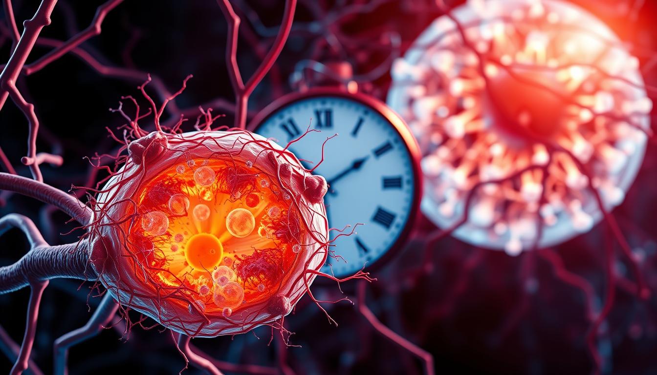 A vibrant, high-contrast image depicting the metabolic processes of insulin resistance and fasting. In the foreground, a magnified view of a pancreatic islet cell, its cellular architecture disrupted by accumulated glucose and fatty acids. Surrounding it, a network of blood vessels and nerve fibers, conveying the complex interplay between the endocrine and nervous systems. In the middle ground, a symbolic representation of the fasting state - a clock face, its hands frozen in time, signifying the body's shift towards fat-burning metabolism. In the background, a glowing mitochondrial matrix, its intricate cristae illuminating the cellular energetics at play. The lighting is dramatic, with deep shadows and highlights emphasizing the physiological drama unfolding. The overall mood is one of scientific curiosity and the body's resilient adaptation to metabolic challenges.