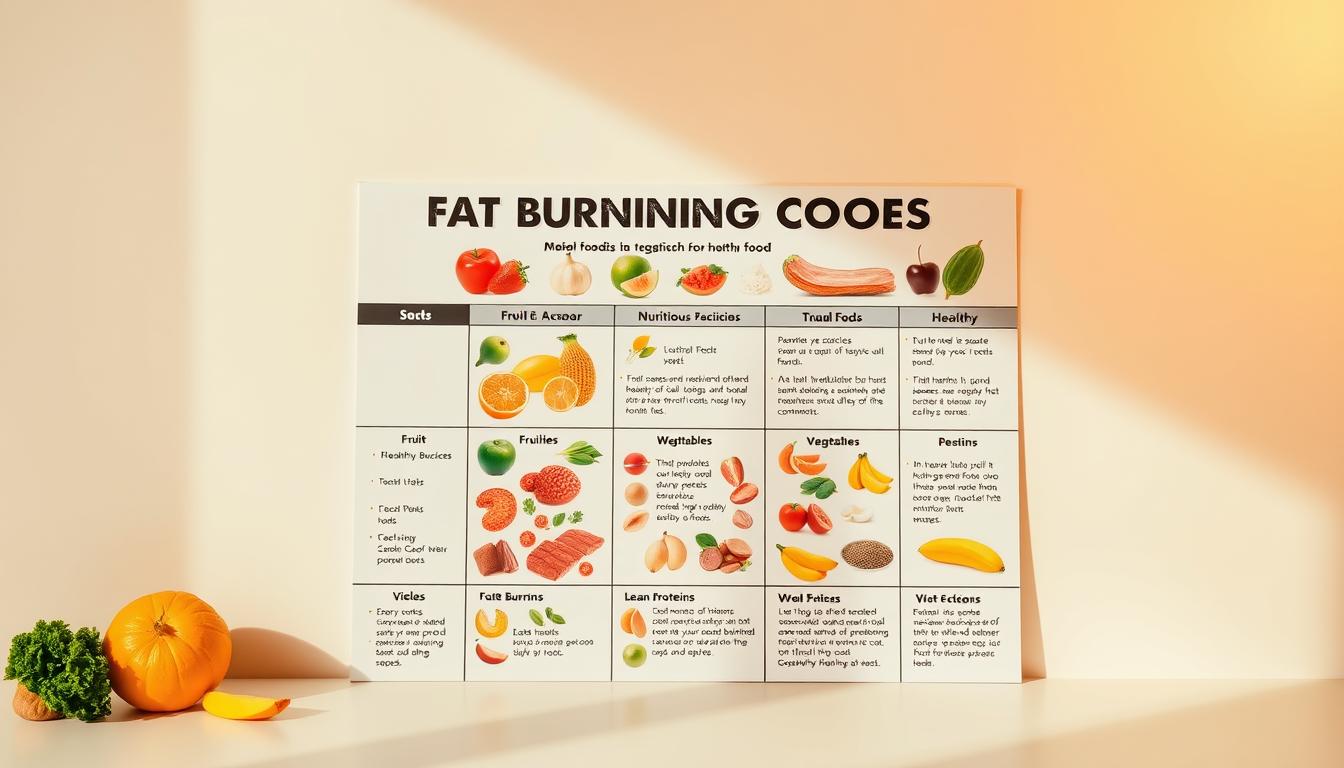 A vibrant, high-contrast image of a "Fat-Burning Foods Chart" against a clean, minimalist background. The chart features a grid of various nutritious whole foods like fruits, vegetables, lean proteins, and healthy fats, each with a visual icon and a concise, data-driven description of their fat-burning properties. The chart is illuminated by warm, natural lighting, captured at a slight aerial angle to emphasize the clean, organized layout. The overall visual conveys a sense of scientific authority and actionable dietary guidance.