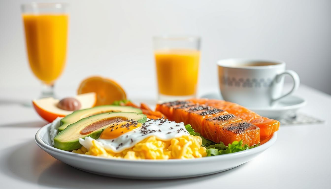 A vibrant high-protein breakfast spread against a clean, light background. In the foreground, a plate showcases a variety of healthy ingredients: scrambled eggs, sliced avocado, grilled salmon, and a sprinkle of chia seeds. In the middle ground, a glass of freshly squeezed orange juice and a cup of steaming coffee add pops of color. The background is softly blurred, emphasizing the focus on the nutritious meal. Bright, natural lighting illuminates the scene, creating a cheerful and energizing atmosphere. The composition is balanced and appetizing, capturing the essence of a high-protein breakfast that can fuel natural fat burn.