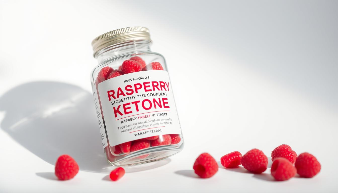 A vibrant, high-quality image of a glass jar filled with raspberry ketone supplements, resting on a clean white background. The jar's label prominently displays the product name and claims, while the contents are clearly visible through the transparent glass. The lighting is soft and diffused, creating a natural, scientific atmosphere. The overall composition emphasizes the substance's purity and potential benefits, inviting the viewer to closely examine and consider the supplement's properties.