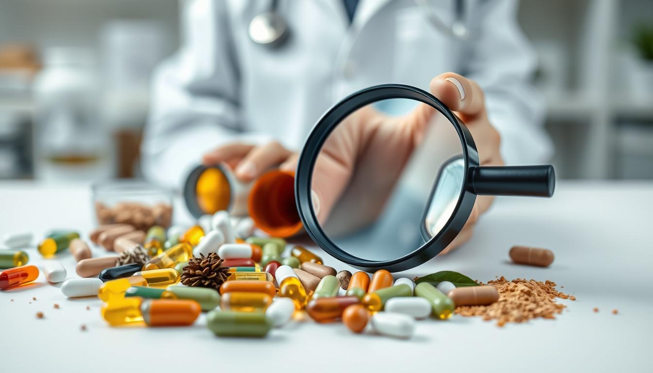 A vibrant, high-quality photograph of potential side effects from natural supplements. In the foreground, a variety of herbal capsules, tablets, and powders are scattered against a clean, white background, suggesting potential health risks. In the middle ground, a person's hand holds a magnifying glass, examining the supplements closely, conveying a sense of caution and investigation. The background features a blurred, out-of-focus medical or scientific setting, such as a laboratory or doctor's office, to reinforce the theme of health and wellness. The lighting is soft and diffused, creating a sense of professionalism and attention to detail. The overall mood is one of thoughtful contemplation and a desire to understand the nuances of natural supplement use.