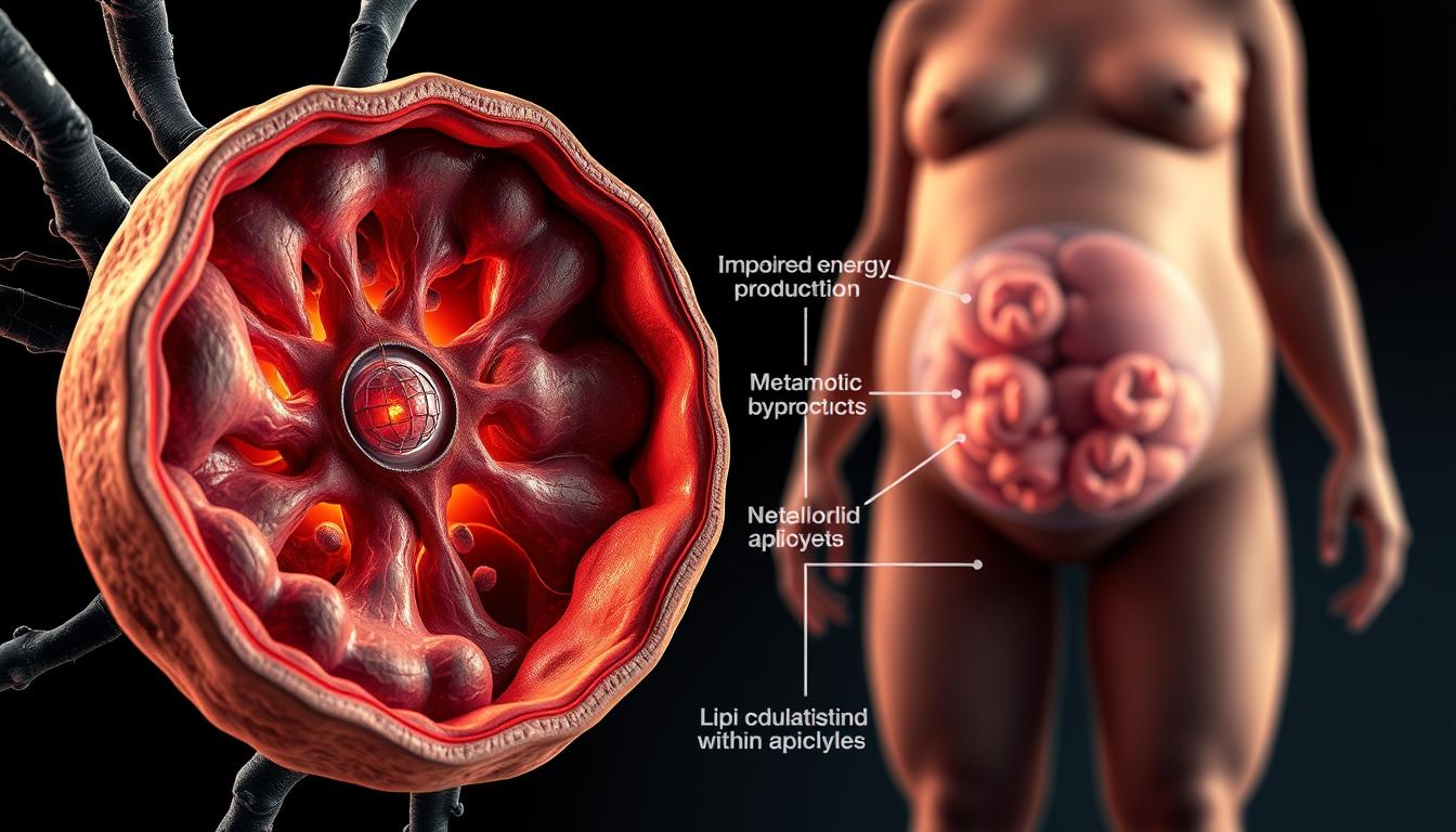 A vibrant, high-resolution digital illustration depicting the science behind mitochondrial dysfunction and obesity. In the foreground, a detailed cross-section of a mitochondrion, showcasing its intricate inner workings and structural aberrations. In the middle ground, a visualization of impaired energy production and lipid metabolism, with metabolic byproducts accumulating within adipocytes. In the background, an anatomical view of an obese human figure, with emphasis on the complex interplay between mitochondrial health and weight management. Rendered in a clean, scientific style with muted colors, strong contrast, and precise attention to anatomical accuracy to best illustrate this crucial biological relationship.