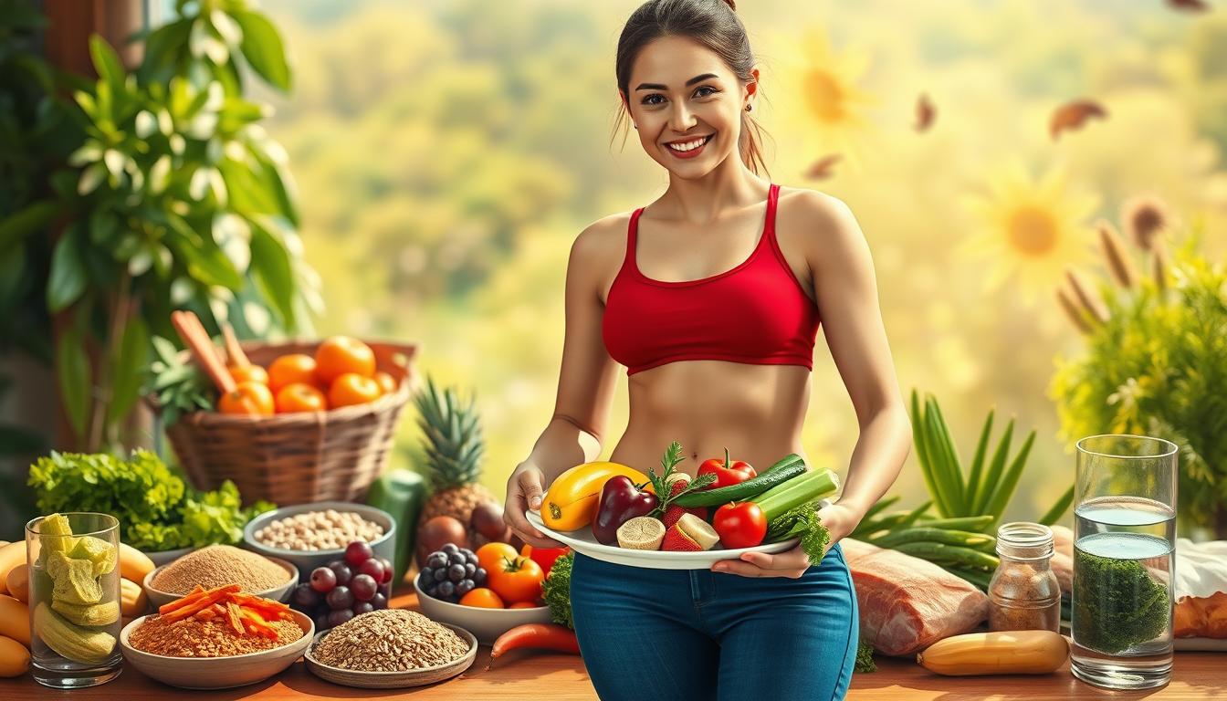 A vibrant, high-resolution digital painting of a healthy diet transformation. In the foreground, a woman stands confidently, her body toned and glowing with energy. She holds a plate of fresh, colorful fruits and vegetables. In the middle ground, various healthy food items are neatly arranged, including whole grains, lean proteins, and a glass of water. The background features a warm, natural setting with lush greenery and a serene, sun-dappled atmosphere, conveying a sense of balance and well-being. The lighting is soft and directional, highlighting the subject's healthy glow. The overall composition and details emphasize the positive impact of a revamped, nutritious diet.