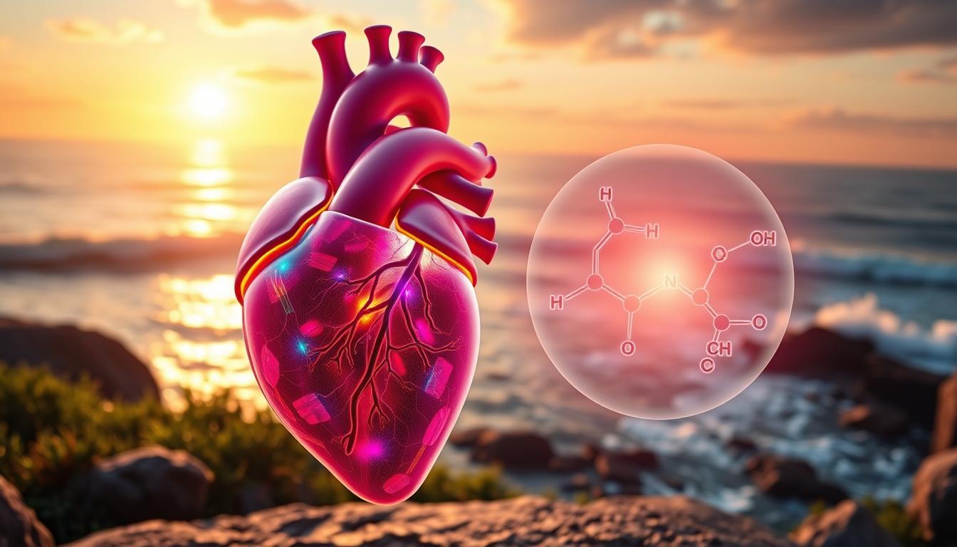 A vibrant, high-resolution illustration depicting the heart health benefits of omega-3 fatty acids. In the foreground, a detailed anatomical heart model, with glowing, color-coded chambers and vessels, showcasing the protective effects of omega-3s. In the middle ground, a translucent molecular diagram highlights the chemical structure of these essential nutrients. The background features a lush, serene coastal landscape, with crashing waves and a setting sun, conveying a sense of balance and wellbeing. The scene is bathed in warm, natural lighting, captured with a wide-angle lens to emphasize the harmony between the heart, the molecules, and the environment.