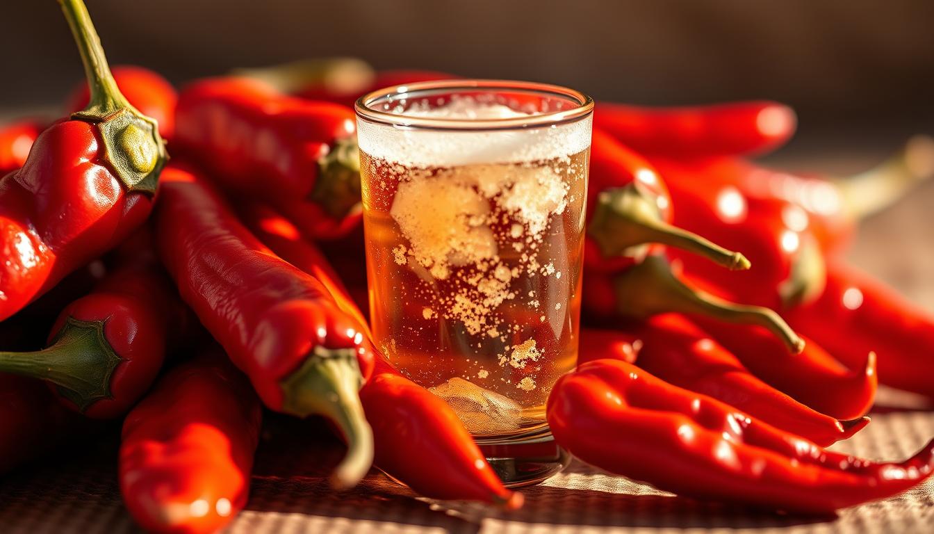 A vibrant, high-resolution image of a close-up of cayenne peppers, showcasing their vivid red color and textured surfaces. The peppers are illuminated by warm, natural lighting, casting shadows that accentuate their unique shapes and capsaicin-rich interiors. In the middle ground, a transparent glass or beaker filled with a bubbling, effervescent liquid, representing the metabolism-boosting effects of the capsaicin. The background is blurred, creating a soft, dreamlike atmosphere that emphasizes the focal point of the peppers and the metabolic elixir. The overall scene conveys a sense of energy, vitality, and the power of natural ingredients to ignite the body's fat-burning capabilities.