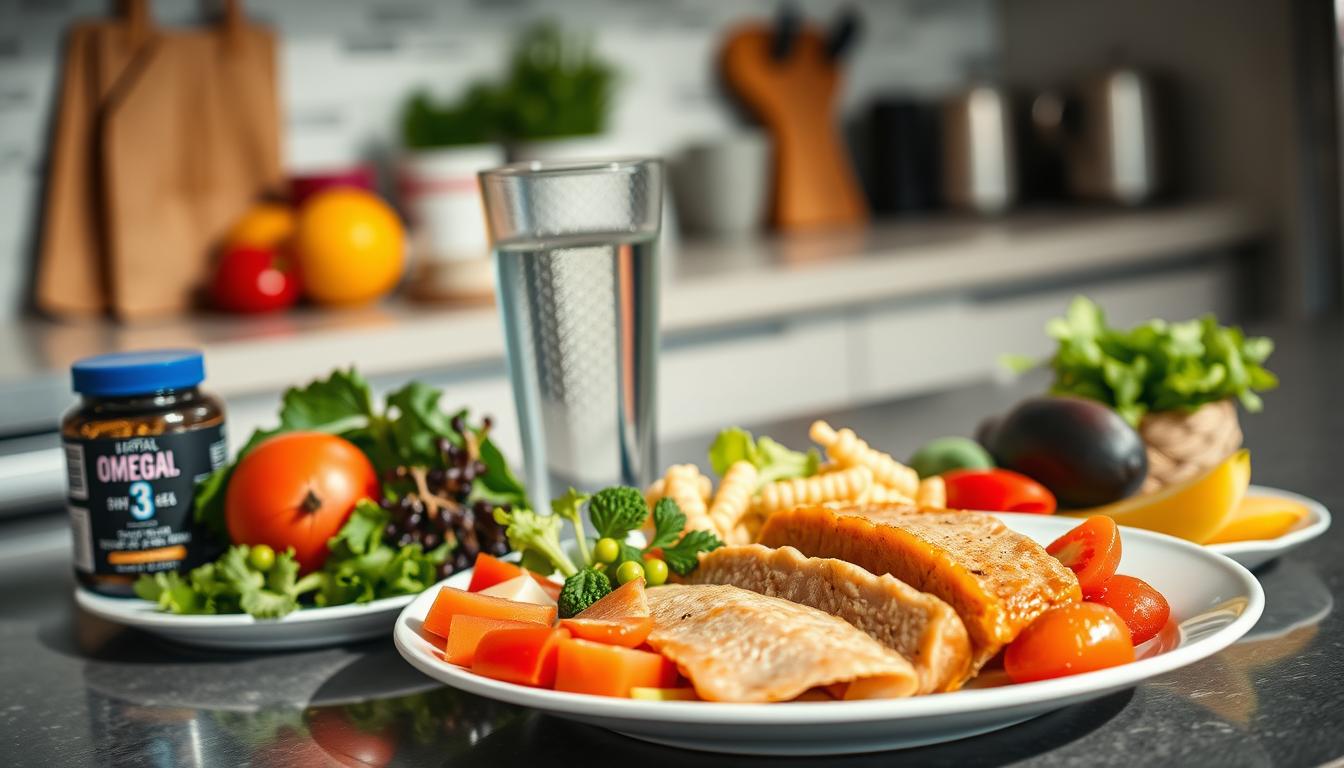 A vibrant, high-resolution image of a healthy, balanced meal with perfect nutrient timing for a weight loss diet. In the foreground, a plate showcases a variety of nutrient-dense foods - lean protein, complex carbohydrates, and healthy fats. The middle ground features a glass of water and supplements like omega-3 capsules. In the background, a sleek kitchen counter with kitchen tools and a fitness tracker, conveying the holistic approach to weight loss. The lighting is warm and natural, highlighting the vibrant colors of the fresh ingredients. The angle is slightly elevated, creating a visually appealing and appetizing composition.