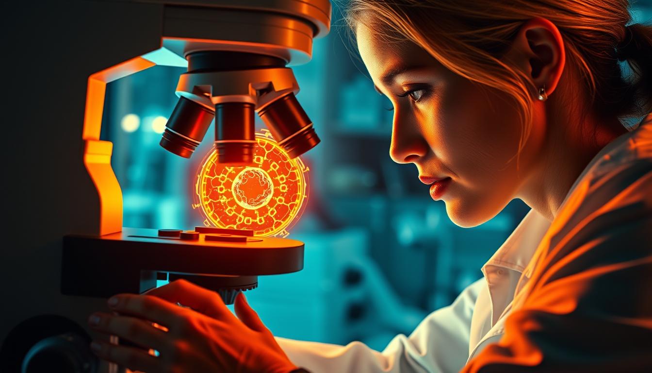 A vibrant, high-resolution image of a woman examining the inner workings of a mitochondrion under a powerful microscope. The foreground features the woman's hands delicately manipulating the microscope controls, her face filled with intense focus. The middle ground showcases the intricate, glowing structure of the mitochondrion, its inner membranes and cristae visible in vivid detail. The background depicts a laboratory setting, with sleek, futuristic equipment and a serene, clinical atmosphere. The lighting is warm and directional, casting dramatic shadows and highlights that accentuate the technological precision of the scene. The overall mood is one of scientific discovery and the pursuit of understanding the fundamental building blocks of human health and vitality.