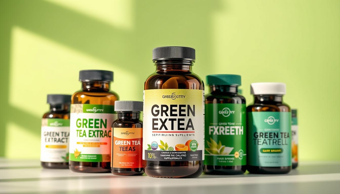 A vibrant, high-resolution image of various green tea extract supplement bottles showcased against a clean, minimalist background. The bottles display different labels, shapes, and sizes, highlighting the variety of green tea extract fat burner products available. The lighting is soft and diffused, creating a warm, natural atmosphere that emphasizes the organic, health-conscious nature of the supplements. The composition is balanced, with the bottles taking up the majority of the frame, allowing the viewer to focus on the key visual elements. The overall aesthetic is modern, sleek, and visually appealing, conveying the effectiveness and benefits of green tea extract as a natural fat-burning supplement.