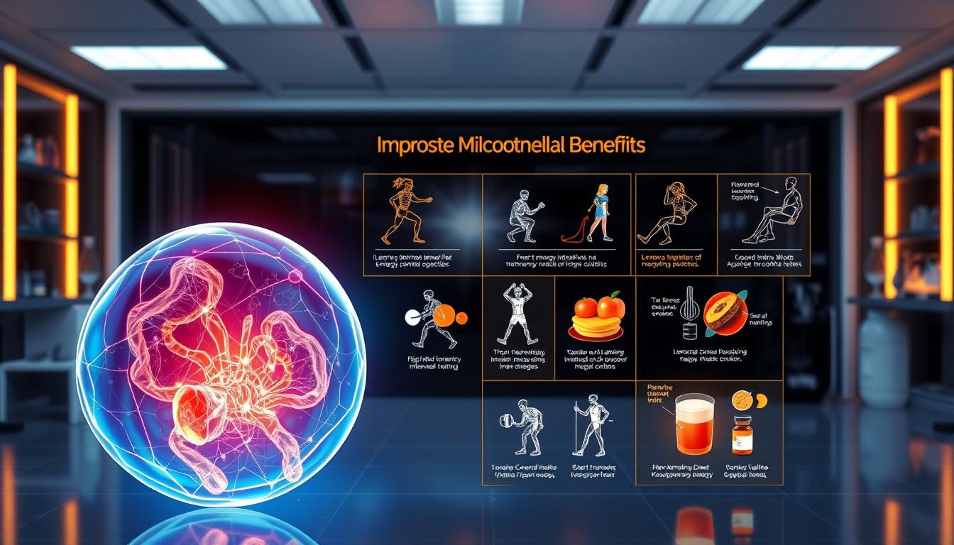 A vibrant, high-resolution image showcasing advanced techniques for boosting mitochondrial benefits. In the foreground, a glowing, cutaway diagram of a human cell reveals the intricate inner workings of the mitochondria, highlighting their crucial role in energy production. In the middle ground, a series of detailed illustrations demonstrate various exercises and strategies, such as high-intensity interval training, ketogenic diets, and supplements, all designed to optimize mitochondrial function. The background features a sleek, futuristic laboratory setting, with scientific instruments and equipment hinting at the cutting-edge research being conducted in this field. The overall mood is one of scientific exploration and a sense of unlocking the secrets to improved cellular energy and longevity.