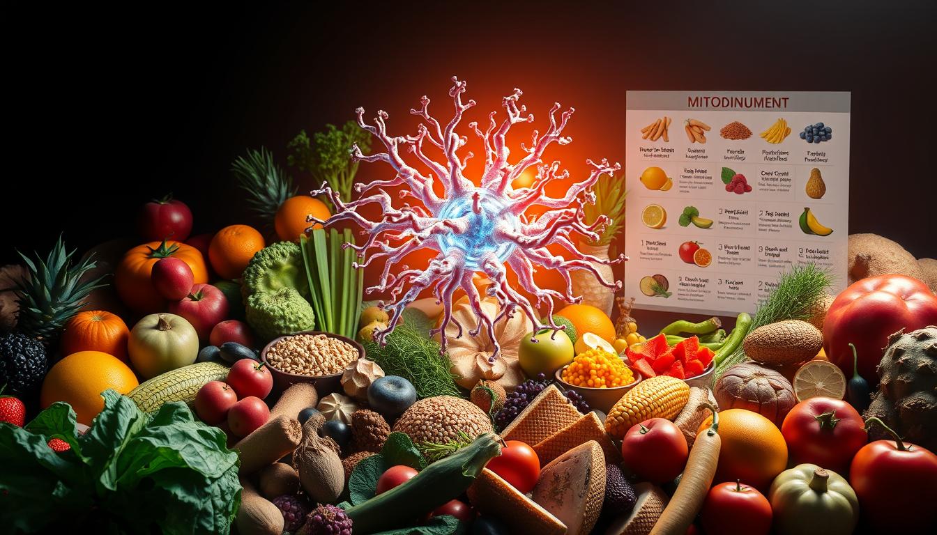 A vibrant, highly detailed illustration of mitochondria as the centerpiece, surrounded by a diverse array of nutrient-rich whole foods. The mitochondria should be rendered with intricate structures, glowing with an internal energy. The foreground should feature an assortment of fruits, vegetables, grains, and lean proteins, artfully arranged to suggest a balanced, mitochondria-supporting diet. The middle ground could include labeled diagrams or infographics highlighting key nutrients and their benefits for mitochondrial function. The background should have a clean, modern design aesthetic, with subtle lighting and shadows to enhance the overall visual impact. Convey a sense of scientific accuracy, health, and vitality through the composition. A vibrant, highly detailed illustration of mitochondria as the centerpiece, surrounded by a diverse array of nutrient-rich whole foods. The mitochondria should be rendered with intricate structures, glowing with an internal energy. The foreground should feature an assortment of fruits, vegetables, grains, and lean proteins, artfully arranged to suggest a balanced, mitochondria-supporting diet. The middle ground could include labeled diagrams or infographics highlighting key nutrients and their benefits for mitochondrial function. The background should have a clean, modern design aesthetic, with subtle lighting and shadows to enhance the overall visual impact. Convey a sense of scientific accuracy, health, and vitality through the composition.