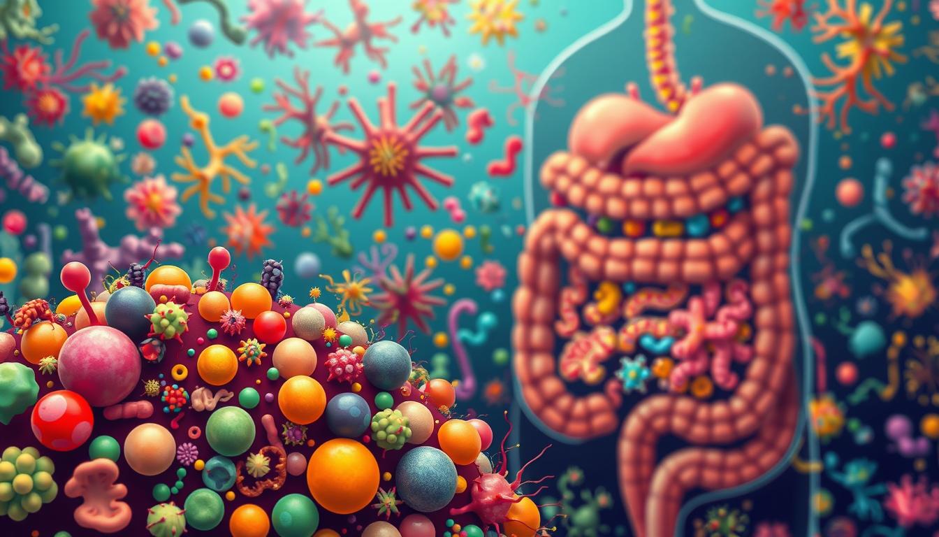 A vibrant illustration depicting the diversity and interconnectedness of gut bacteria. In the foreground, a detailed close-up view of various gut microbiome inhabitants, their shapes and colors reflecting the complexity of a healthy digestive ecosystem. The middle ground features a stylized cross-section of the human gut, with colorful bacterial colonies thriving in an intricate network. In the background, a holistic visualization of the gut-weight connection, showcasing the influential role of microbial diversity in metabolic processes and weight regulation. The overall composition conveys a sense of balance, vitality, and the profound impact of our internal microbial world.