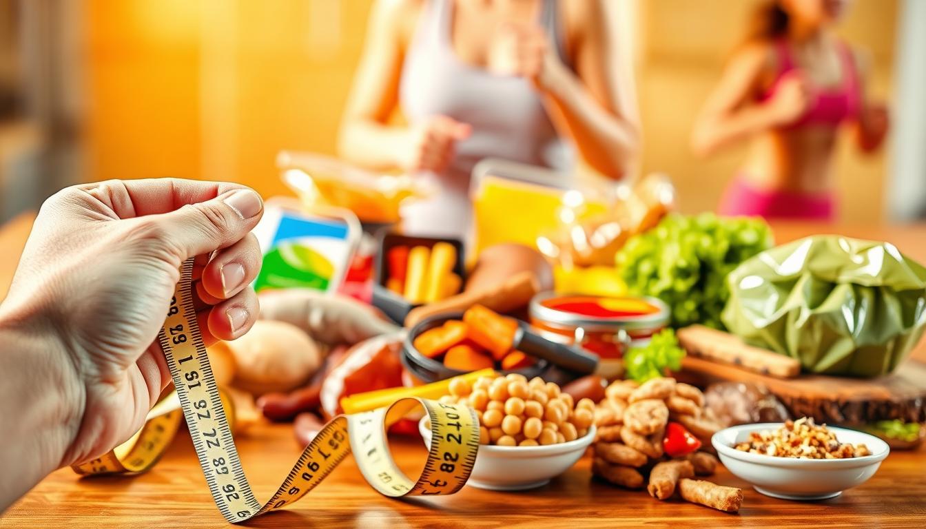 A vibrant illustration of common dieting mistakes to avoid for effective weight loss. In the foreground, a person's hand holding a measuring tape, symbolizing the obsession with weight and body image. In the middle ground, various unhealthy food items - sugary snacks, processed meals, and unhealthy fats - representing the pitfalls of crash dieting and restrictive eating. In the background, a blurred image of a person exercising, implying the importance of a balanced approach that includes regular physical activity. The overall scene is brightly lit, with warm tones and a sense of energy, conveying the dynamic nature of a successful weight loss journey.