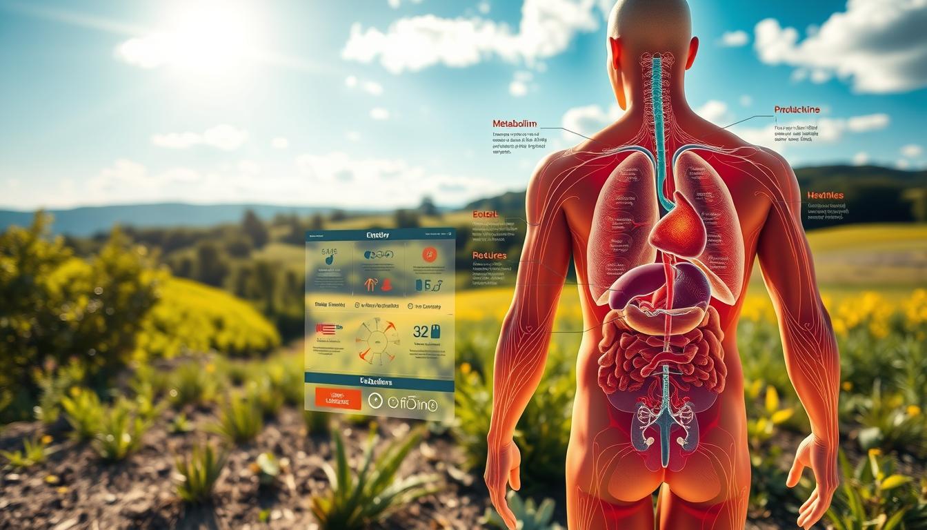 A vibrant illustration of human metabolism, captured with a wide-angle lens in natural lighting. In the foreground, a detailed anatomical diagram showcases the complex network of organs, enzymes, and chemical processes that govern the body's energy production. The middle ground features a series of infographic elements, highlighting the importance of metabolism in maintaining optimal health and weight. In the background, a serene landscape with lush greenery and a bright, sun-dappled sky conveys the natural, holistic approach to boosting metabolism through lifestyle and dietary choices.