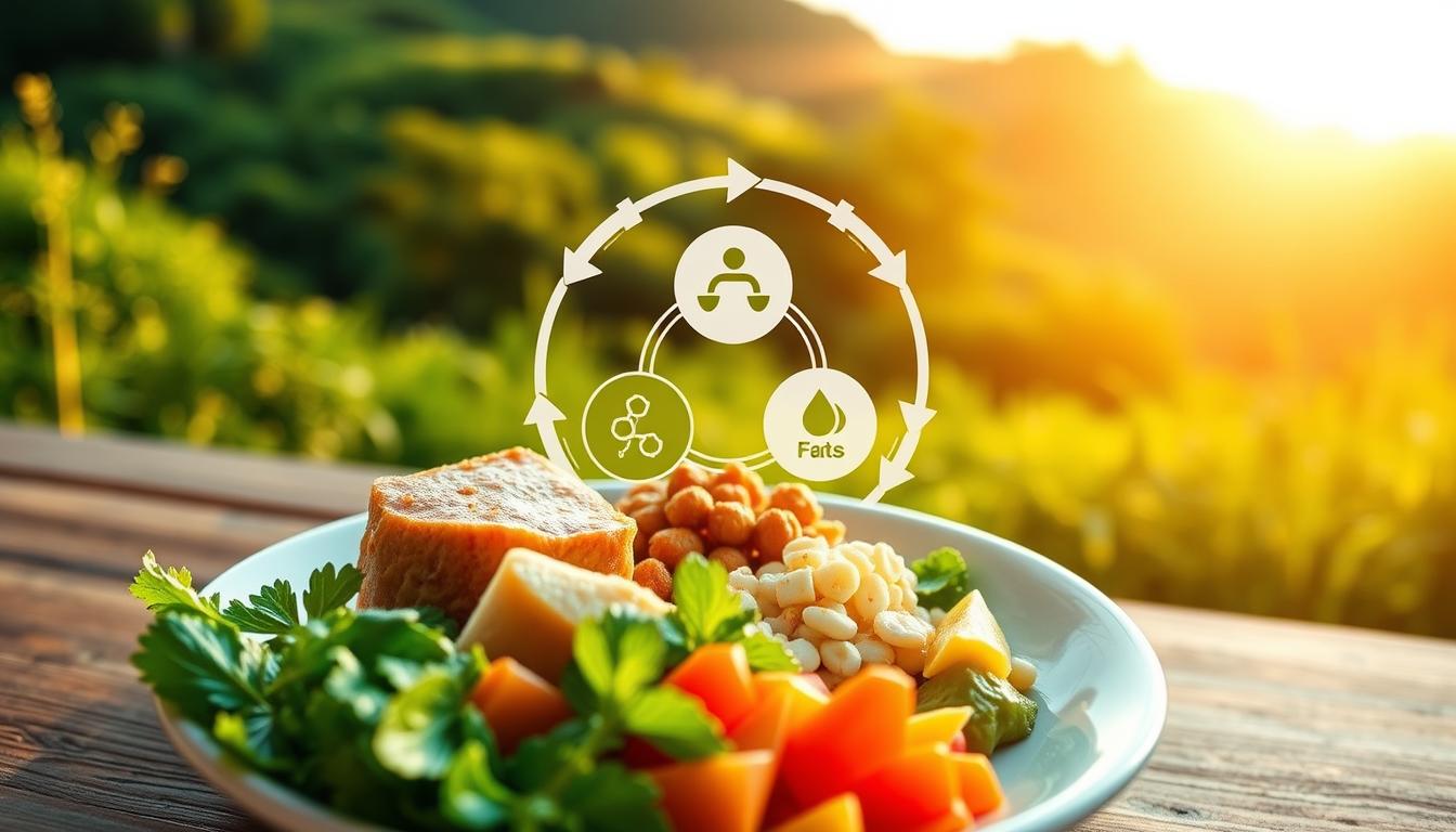 A vibrant illustration of macronutrient balancing strategies for natural fat burning diets. In the foreground, a balanced plate showcases proportional servings of lean protein, complex carbohydrates, and healthy fats. The middle ground features a dynamic visual representation of the three macronutrients, with arrows and icons symbolizing their interplay and synergistic effects on metabolism. The background depicts a lush, verdant landscape bathed in warm, golden light, evoking a sense of natural, holistic wellness. The entire scene is captured through a wide-angle lens, offering a comprehensive, visually striking depiction of the core principles underlying effective, nature-based fat burning diet plans.