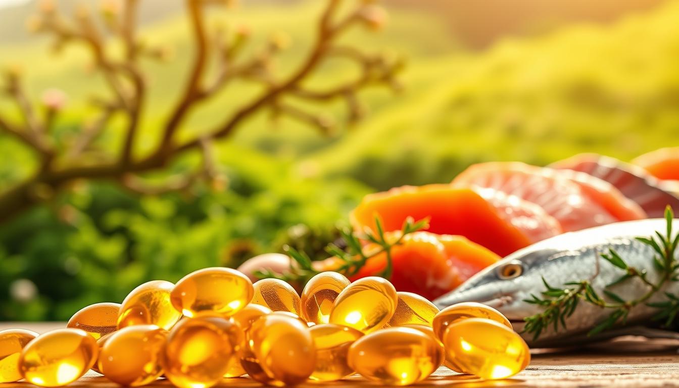 A vibrant illustration of omega-3 fatty acids and their role in immune health. In the foreground, a cluster of fish oil capsules, their soft-gel casings glimmering under a warm, natural light. In the middle ground, an array of fresh, lean protein sources like salmon and tuna, arranged artfully. The background features a lush, verdant landscape, with flourishing greenery symbolizing the nourishing, immune-boosting properties of these essential nutrients. The composition is balanced, with a focus on the key elements while maintaining a sense of harmony and natural beauty. The overall mood is one of vitality, health, and the powerful synergy between omega-3s and a robust immune system. A vibrant illustration of omega-3 fatty acids and their role in immune health. In the foreground, a cluster of fish oil capsules, their soft-gel casings glimmering under a warm, natural light. In the middle ground, an array of fresh, lean protein sources like salmon and tuna, arranged artfully. The background features a lush, verdant landscape, with flourishing greenery symbolizing the nourishing, immune-boosting properties of these essential nutrients. The composition is balanced, with a focus on the key elements while maintaining a sense of harmony and natural beauty. The overall mood is one of vitality, health, and the powerful synergy between omega-3s and a robust immune system.