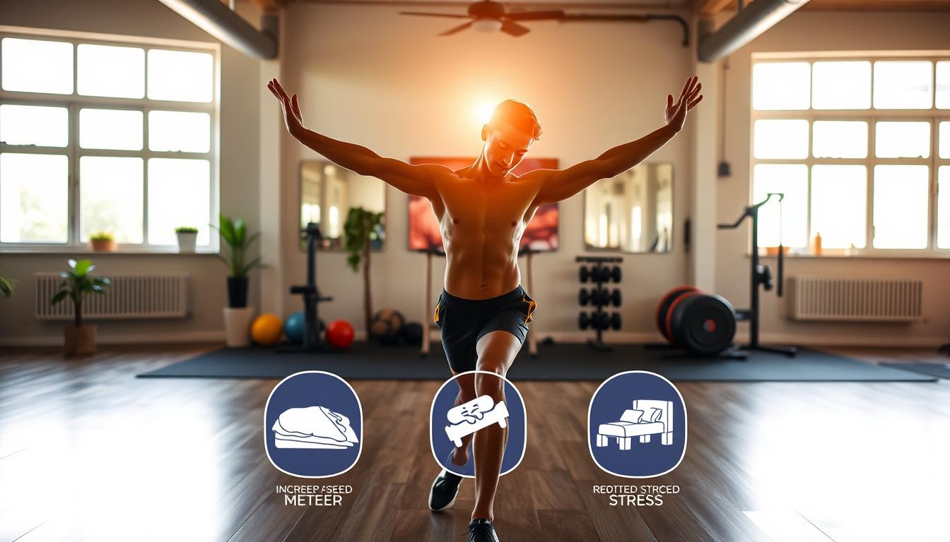 A vibrant illustration of the benefits of short workouts. In the foreground, a fit person performing dynamic stretches, radiating energy and vitality. In the middle ground, a series of visuals depicting the advantages of brief exercise sessions: improved cardiovascular health, increased metabolism, better sleep, and reduced stress. The background showcases a modern, well-equipped home gym with natural lighting filtering through large windows, creating an airy, motivating atmosphere. The overall scene conveys the convenience, efficiency, and positive impacts of 10-minute workout routines.