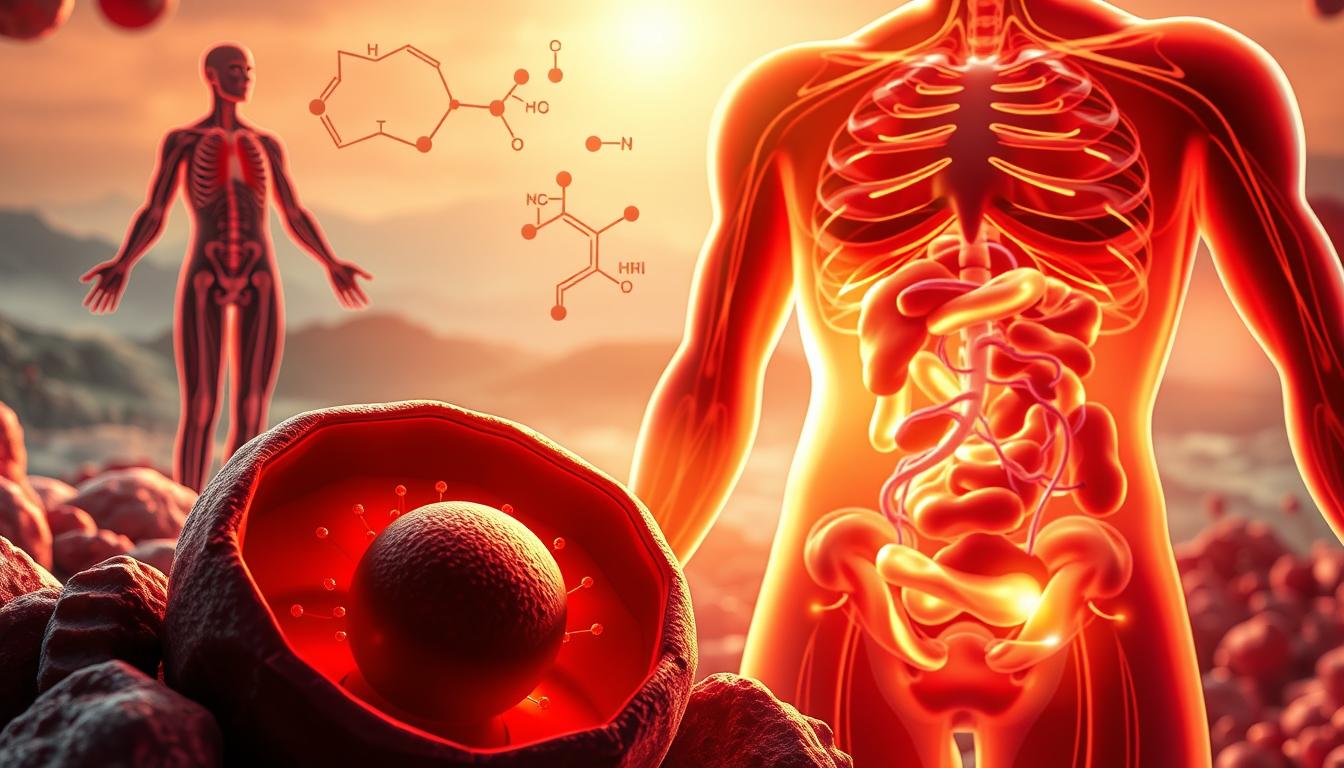 A vibrant illustration of the science behind fat burning. In the foreground, a detailed cross-section of fat cells, their inner workings and metabolic processes illuminated. In the middle ground, molecular diagrams highlighting the key chemical reactions that drive lipolysis and energy production. In the background, a stylized landscape of the human body, with circulatory and nervous systems visible, underscoring the systemic nature of this process. Warm, energetic lighting casts an almost biological glow, while a crisp, high-resolution lens captures the intricate details. The overall atmosphere conveys a sense of scientific understanding and the dynamism of the human body's fat-burning mechanisms.