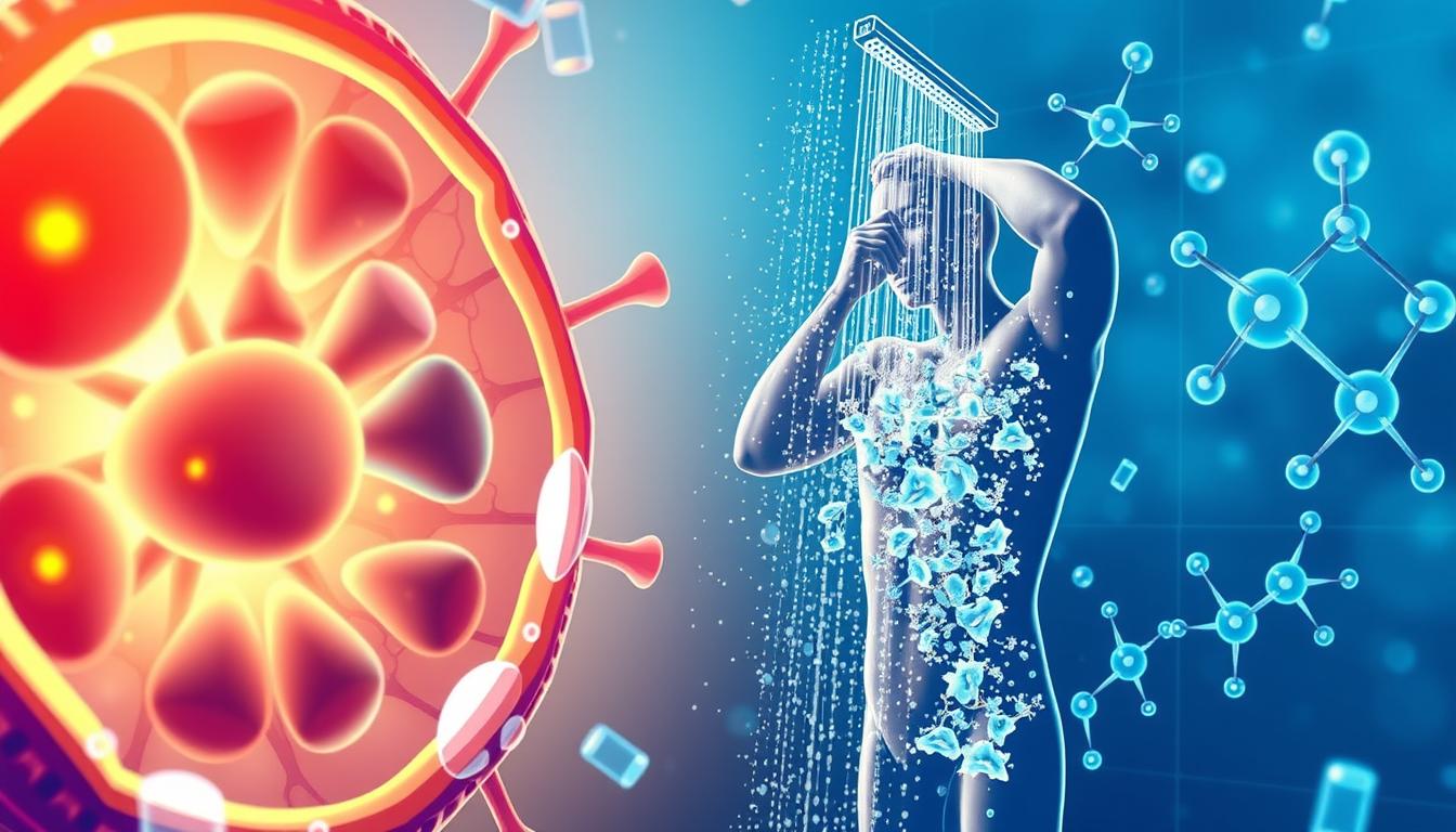A vibrant illustration showcasing the connection between cold exposure and mitochondrial biogenesis. In the foreground, a detailed cross-section of a mitochondrion, its inner workings pulsing with energy. In the middle ground, a person immersed in a cold shower, their body shivering as the low temperature activates cellular processes. In the background, a stylized representation of the molecular mechanisms driving mitochondrial growth and division, highlighted by a cool, blue-tinted palette. The overall composition conveys the dynamic interplay between environmental factors and the body's adaptive response, inspiring a deeper understanding of the topic.