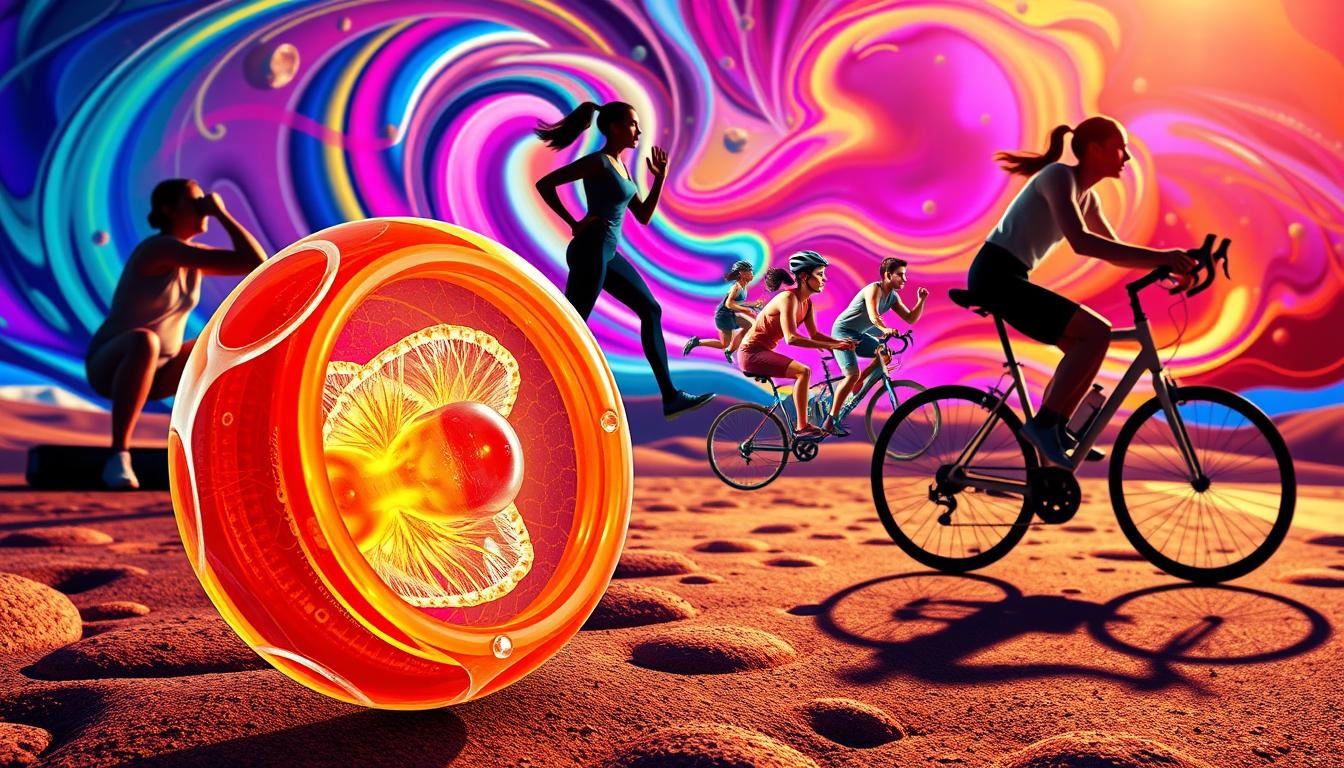 A vibrant illustration showcasing the importance of exercise for mitochondria. In the foreground, a detailed anatomical representation of a human mitochondrion, its intricate inner structures visible through a transparent cellular membrane. Surrounding it, a dynamic scene of various exercise activities - a person performing squats, another jogging on a treadmill, and a cyclist pedaling a stationary bike. The middle ground features a montage of mitochondria engaging in these exercises, their cristae and membranes pulsing with energy. The background is a vibrant, abstract landscape of swirling colors and shapes, symbolizing the cellular processes fueled by this organelle. Dramatic lighting casts dramatic shadows, enhancing the sense of movement and vitality. Captured with a wide-angle lens to convey a sense of scale and emphasize the interconnectedness of the elements. A vibrant illustration showcasing the importance of exercise for mitochondria. In the foreground, a detailed anatomical representation of a human mitochondrion, its intricate inner structures visible through a transparent cellular membrane. Surrounding it, a dynamic scene of various exercise activities - a person performing squats, another jogging on a treadmill, and a cyclist pedaling a stationary bike. The middle ground features a montage of mitochondria engaging in these exercises, their cristae and membranes pulsing with energy. The background is a vibrant, abstract landscape of swirling colors and shapes, symbolizing the cellular processes fueled by this organelle. Dramatic lighting casts dramatic shadows, enhancing the sense of movement and vitality. Captured with a wide-angle lens to convey a sense of scale and emphasize the interconnectedness of the elements.