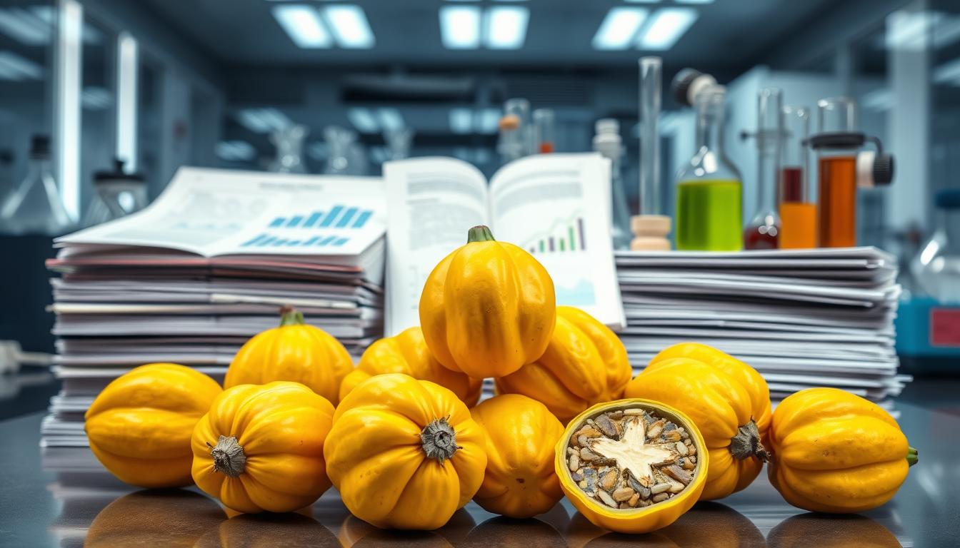 A vibrant image of natural Garcinia Cambogia fruits against a backdrop of scientific research papers and lab equipment. The foreground features several ripe, bright-yellow Garcinia Cambogia fruits arranged in a symmetrical pattern, their thick rinds and distinctive shapes clearly visible. The middle ground shows stacks of hardcover medical journals, their pages open to reveal graphs, charts, and scientific diagrams related to weight loss studies. The background depicts a high-tech laboratory setting with beakers, test tubes, and other medical apparatus, bathed in a soft, even lighting that enhances the overall scientific atmosphere. The entire scene conveys a sense of evidence-based research into the potential benefits of this natural supplement.