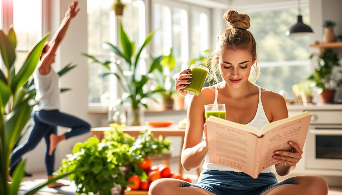 A vibrant lifestyle scene showcasing various energy-boosting activities. In the foreground, a person engages in dynamic yoga poses against a backdrop of lush greenery. In the middle ground, another individual enjoys a nourishing smoothie while reading an inspirational book. The background depicts an airy, sun-drenched kitchen with fresh produce and a hint of natural lighting streaming through large windows. The overall atmosphere radiates a sense of vitality, balance, and a holistic approach to combating chronic fatigue.