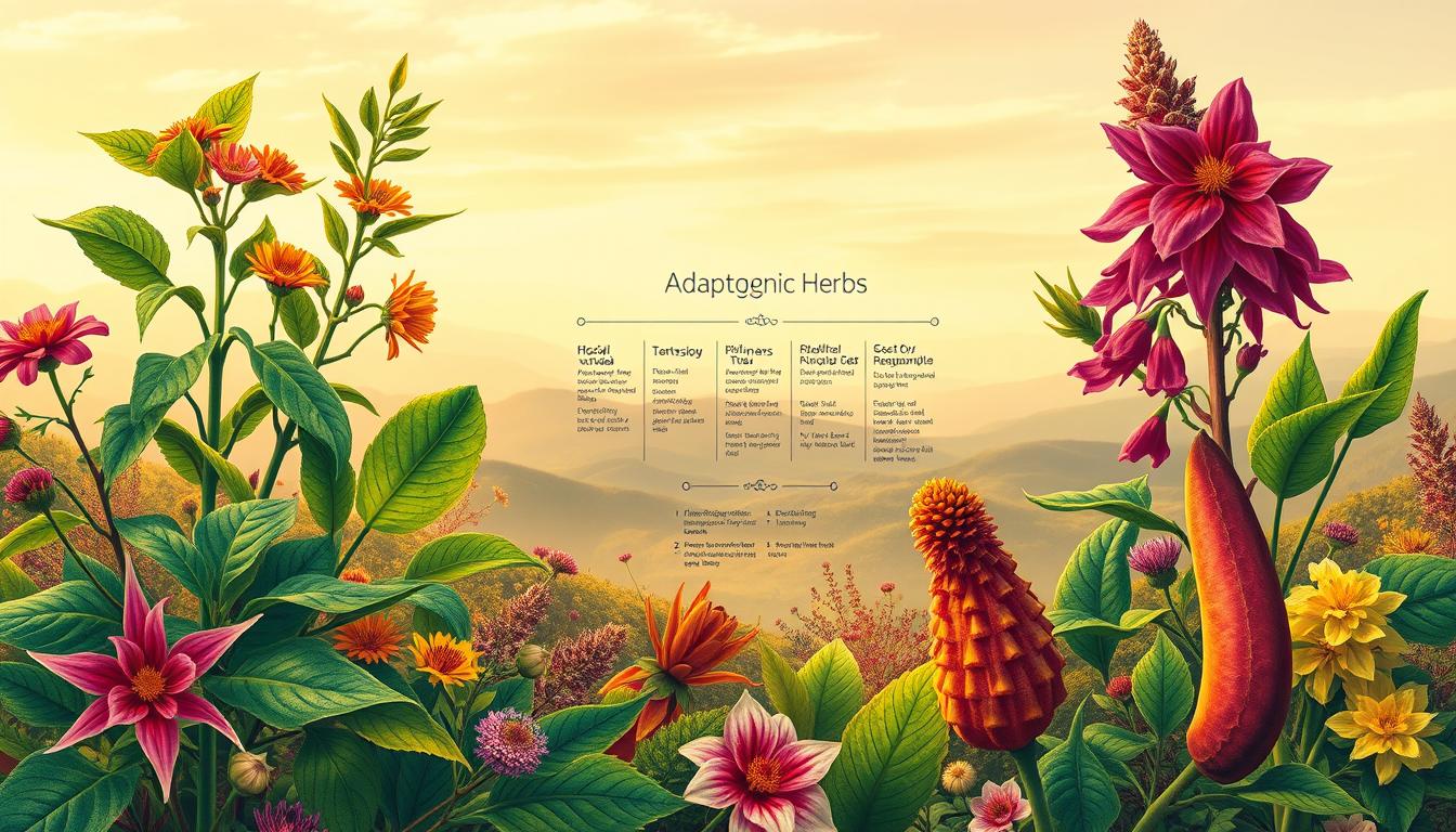 A vibrant, lush botanical illustration showcasing a diverse array of adaptogenic herbs. In the foreground, a selection of plant specimens including ashwagandha, rhodiola, and maca, their leaves and flowers rendered in rich, saturated hues. The middle ground features a hand-drawn, technical diagram detailing the key properties and benefits of these herbs, with clean linework and a neutral color palette. In the background, a soft, atmospheric landscape of rolling hills and a warm, golden-hued sky, creating a sense of natural harmony. The lighting is soft and diffused, accentuating the delicate textures and vibrant colors of the botanical elements. Captured with a wide-angle lens to provide a comprehensive, immersive view of the subject matter.