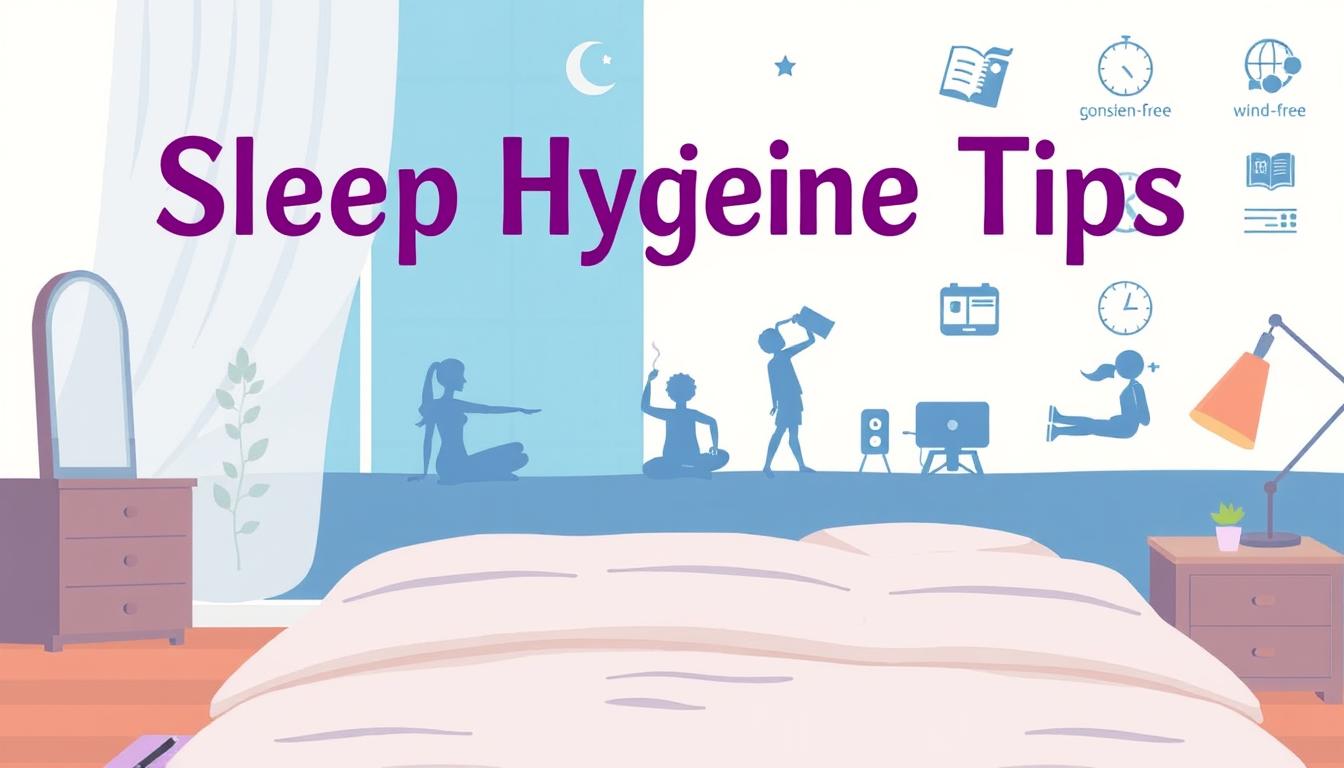 A vibrant, minimalist illustration of "Sleep Hygiene Tips" for weight loss. In the foreground, a serene bedroom scene with a cozy bed, soft lighting, and calming colors. In the middle ground, silhouettes of relaxing activities like reading, meditation, and gentle stretching. In the background, icons representing healthy sleep habits like consistent bedtime, screen-free wind-down routines, and a restful sleep environment. The overall mood is peaceful, inviting, and focused on the importance of quality sleep for natural weight management. A vibrant, minimalist illustration of "Sleep Hygiene Tips" for weight loss. In the foreground, a serene bedroom scene with a cozy bed, soft lighting, and calming colors. In the middle ground, silhouettes of relaxing activities like reading, meditation, and gentle stretching. In the background, icons representing healthy sleep habits like consistent bedtime, screen-free wind-down routines, and a restful sleep environment. The overall mood is peaceful, inviting, and focused on the importance of quality sleep for natural weight management.