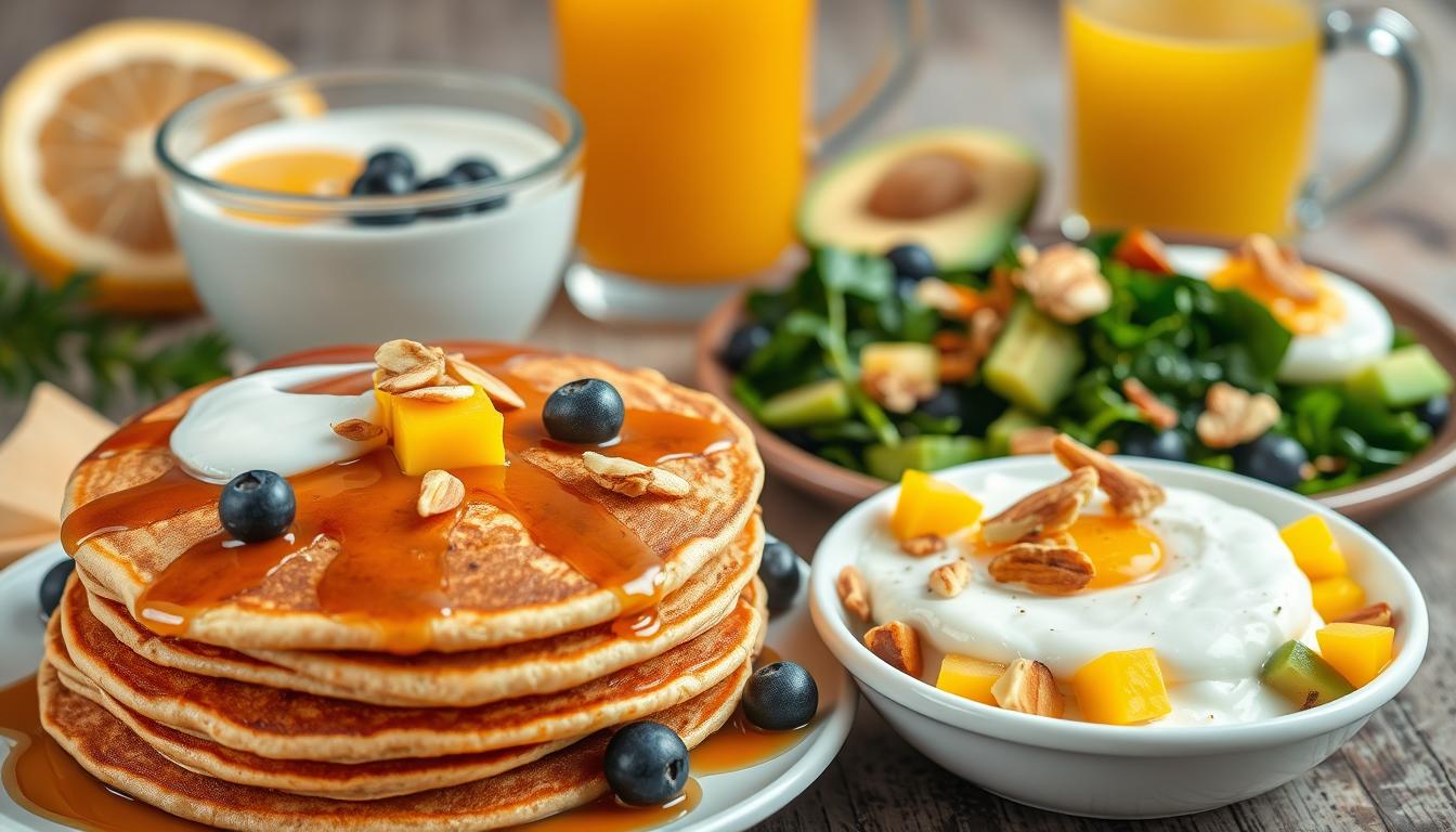 A vibrant, mouth-watering spread of low-calorie breakfast dishes. In the foreground, a stack of fluffy, golden-brown whole-wheat pancakes, drizzled with a swirl of maple syrup and a sprinkle of fresh berries. Alongside, a bowl of creamy Greek yogurt, topped with a medley of diced kiwi, mango, and toasted almonds. In the middle, a plate of perfectly poached eggs nestled on a bed of sautéed spinach and sliced avocado. In the background, a glass of freshly squeezed orange juice and a steaming mug of aromatic herbal tea. The overall scene radiates a sense of health, balance, and culinary delight.