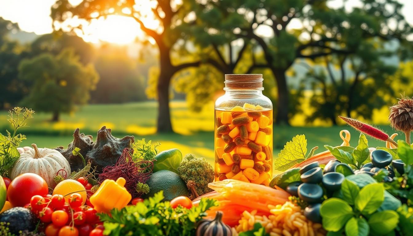 A vibrant, nature-inspired scene showcasing the benefits of natural supplements for weight loss. In the foreground, an abundance of freshly harvested superfoods and herbs, their rich colors and textures inviting. In the middle ground, a glowing glass bottle filled with a harmonious blend of natural extracts, casting a warm, inviting glow. In the background, a lush, verdant landscape with towering trees and a serene, sun-dappled meadow, conveying a sense of balance and vitality. Soft, natural lighting illuminates the scene, highlighting the organic, wholesome nature of the natural supplements. The overall mood is one of health, wellness, and the power of nature to support weight loss goals.